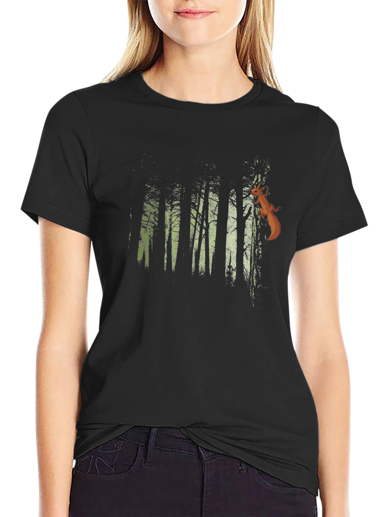 Black Nature Forest Squirrel Graphic T-Shirt view 2