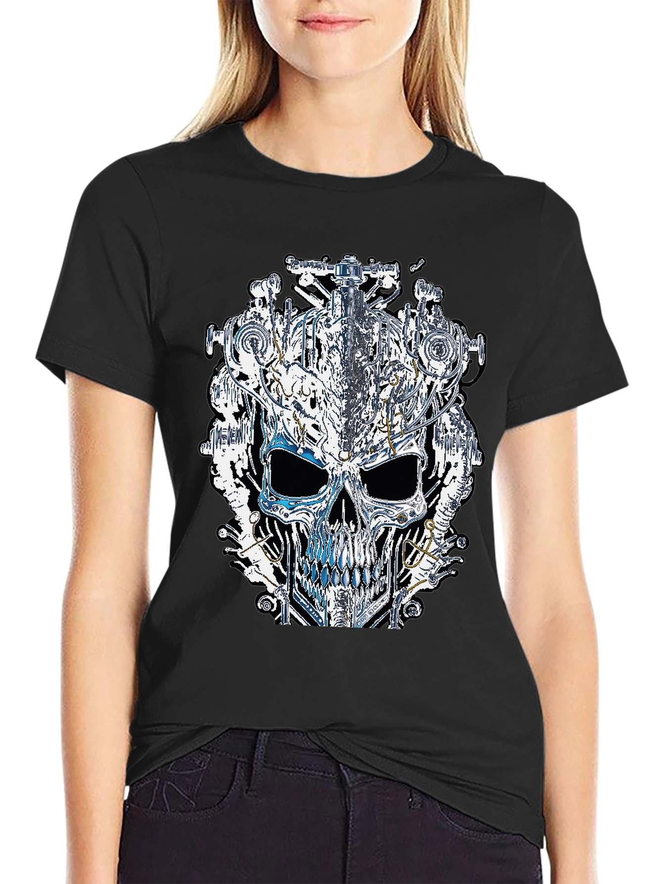 Black Steampunk Skull Graphic Tee view 2