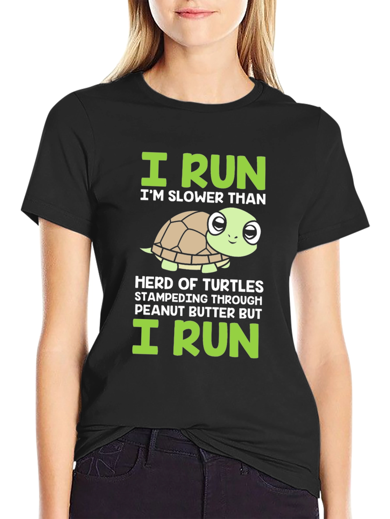 Black Funny Turtle Running T-Shirt - Slower Than Turtles Tee view 2