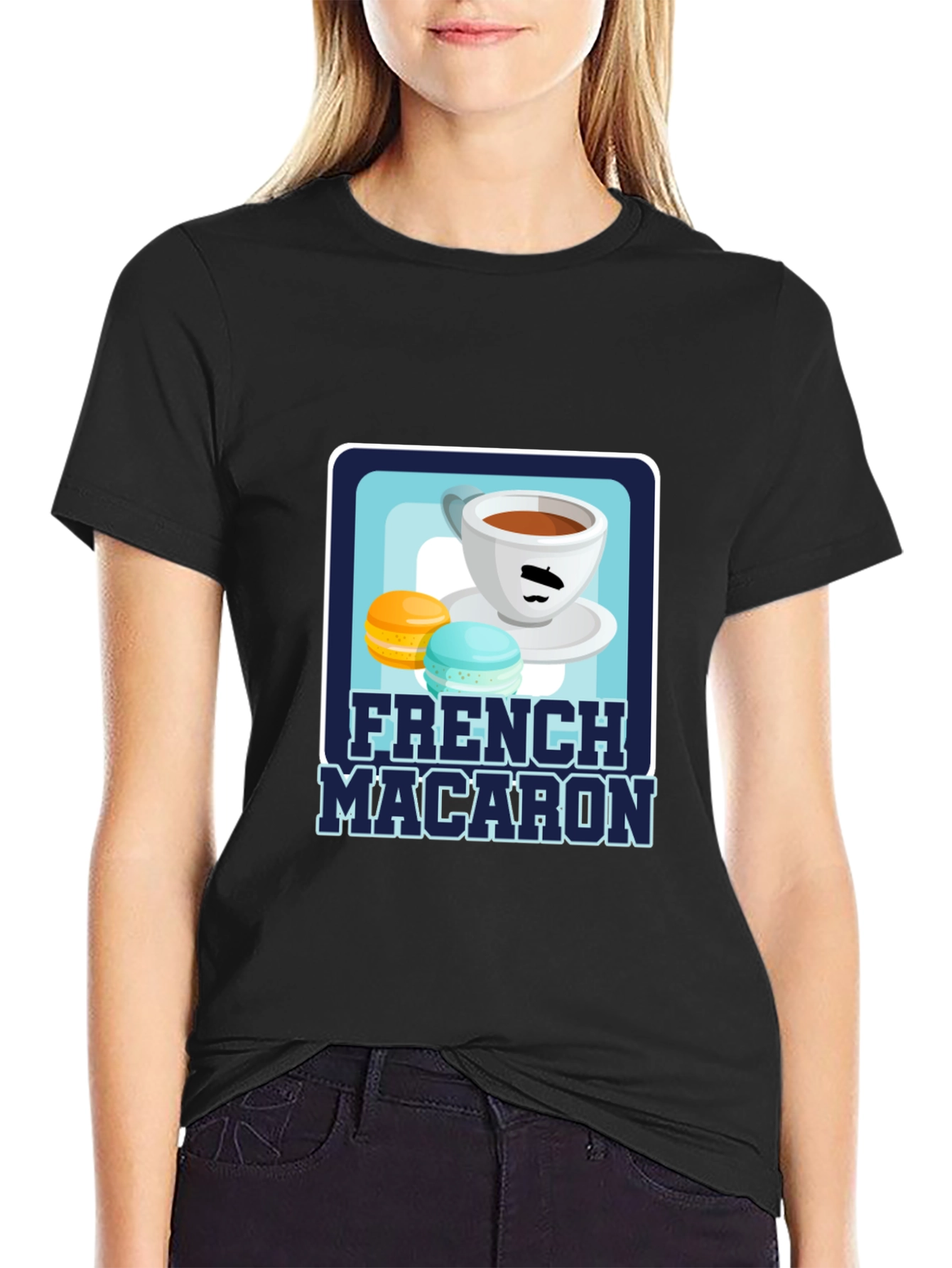 Black French Macaron T-Shirt | Coffee & Dessert Graphic Tee view 2