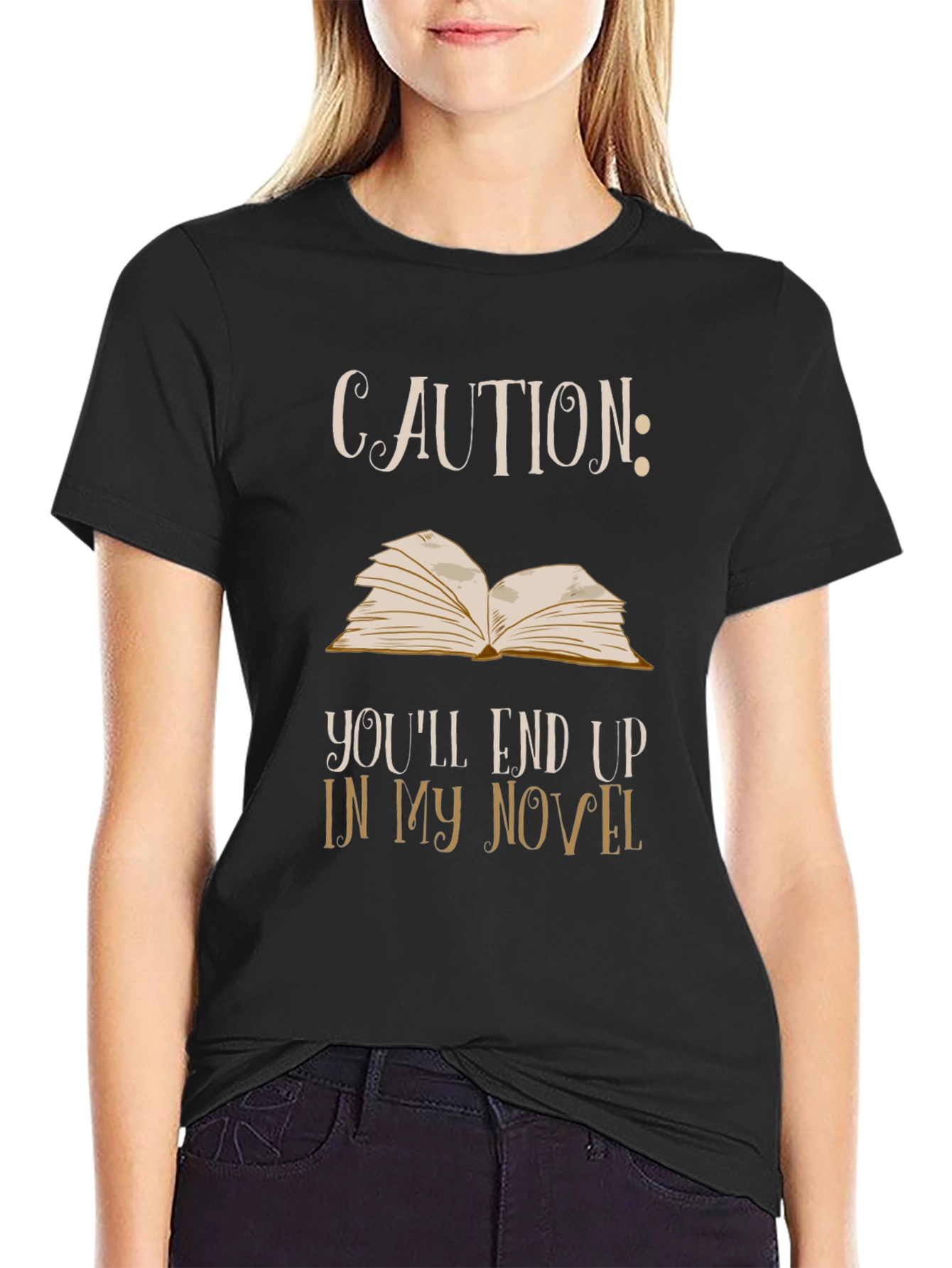 Black Caution Novel T-Shirt: Funny Writer Tee view 2