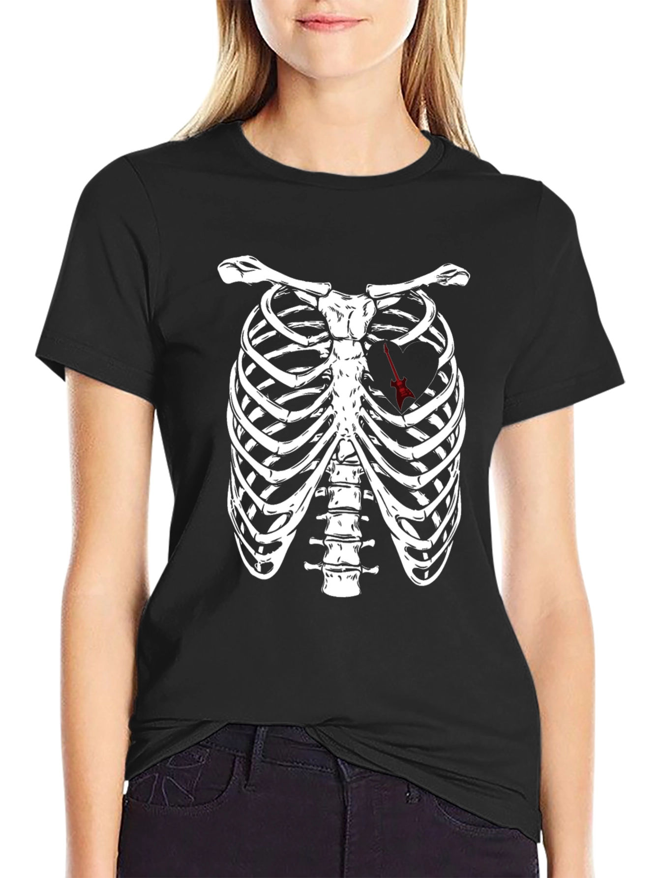 Black Rib Cage Arrow Heart Graphic Tee - Black view 2
