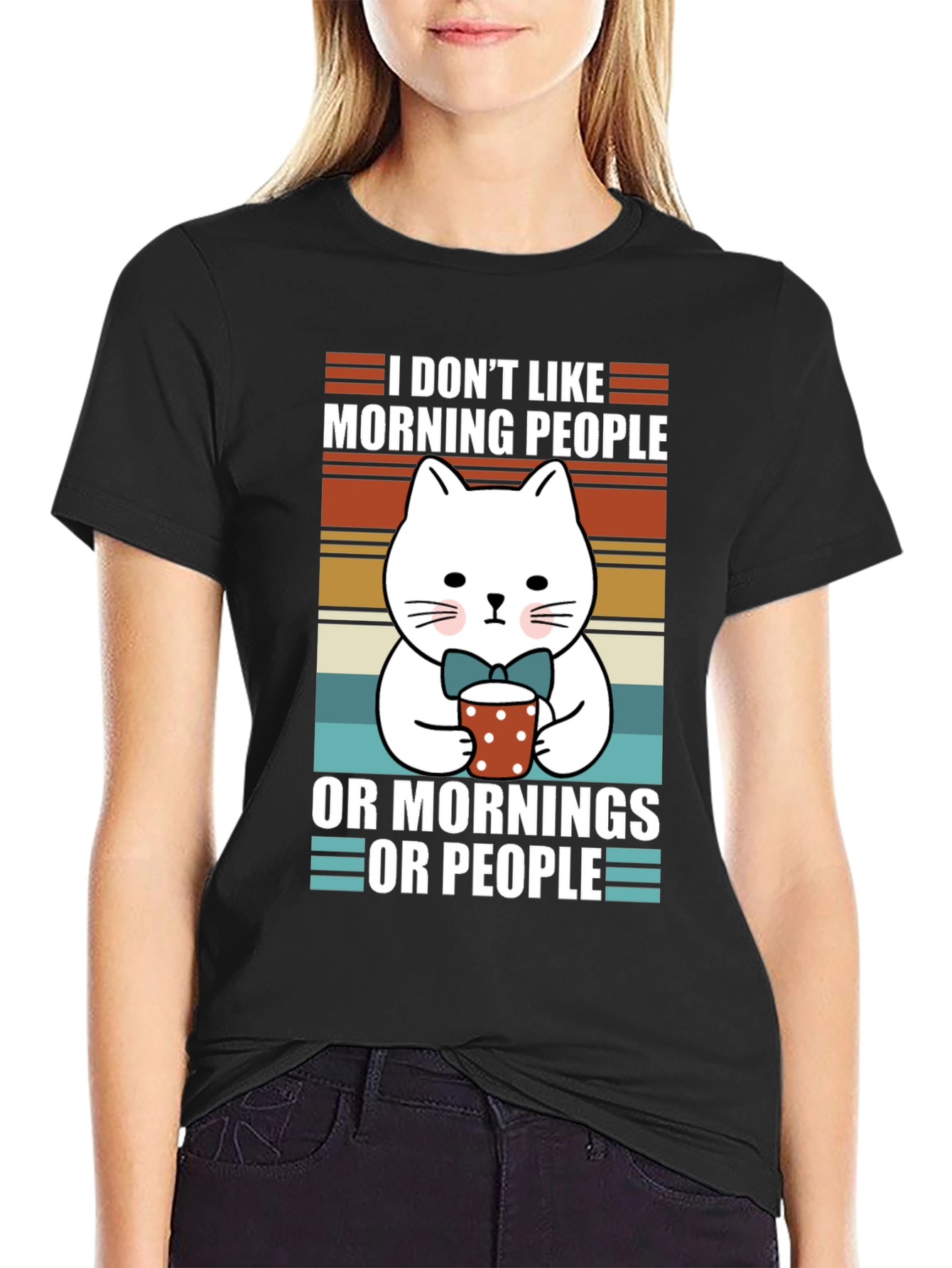 Black Funny Cat Morning People T-Shirt view 2