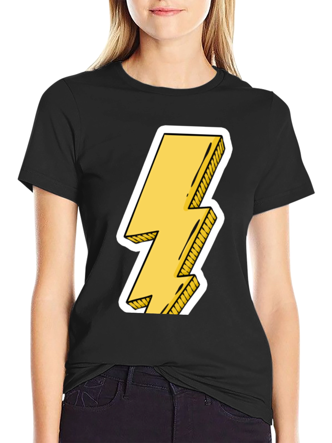 Black Lightning Bolt Graphic Tee - Black Cotton Casual T-Shirt view 2