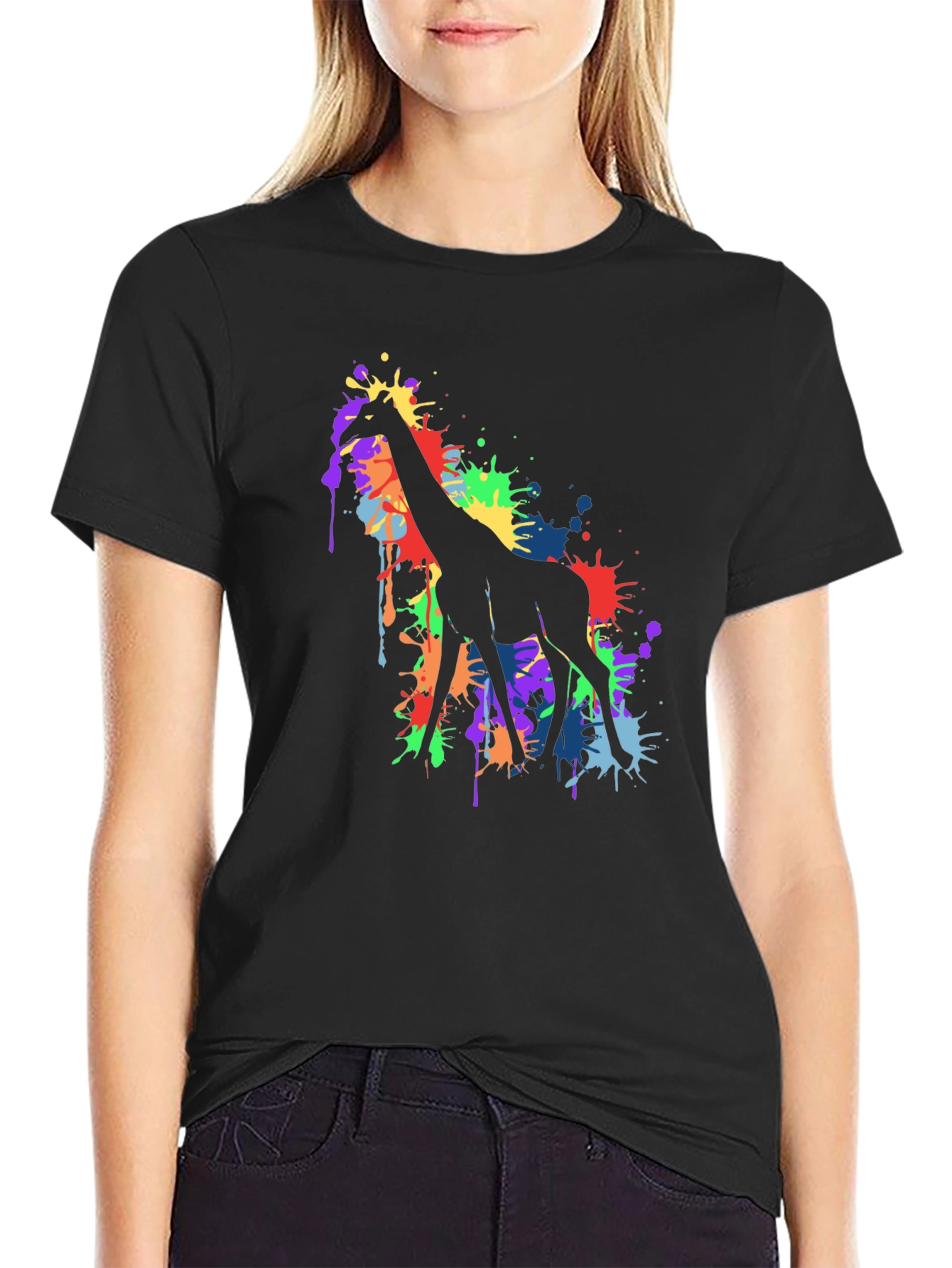 Black Colorful Giraffe Splatter Art Graphic Tee - Black view 2