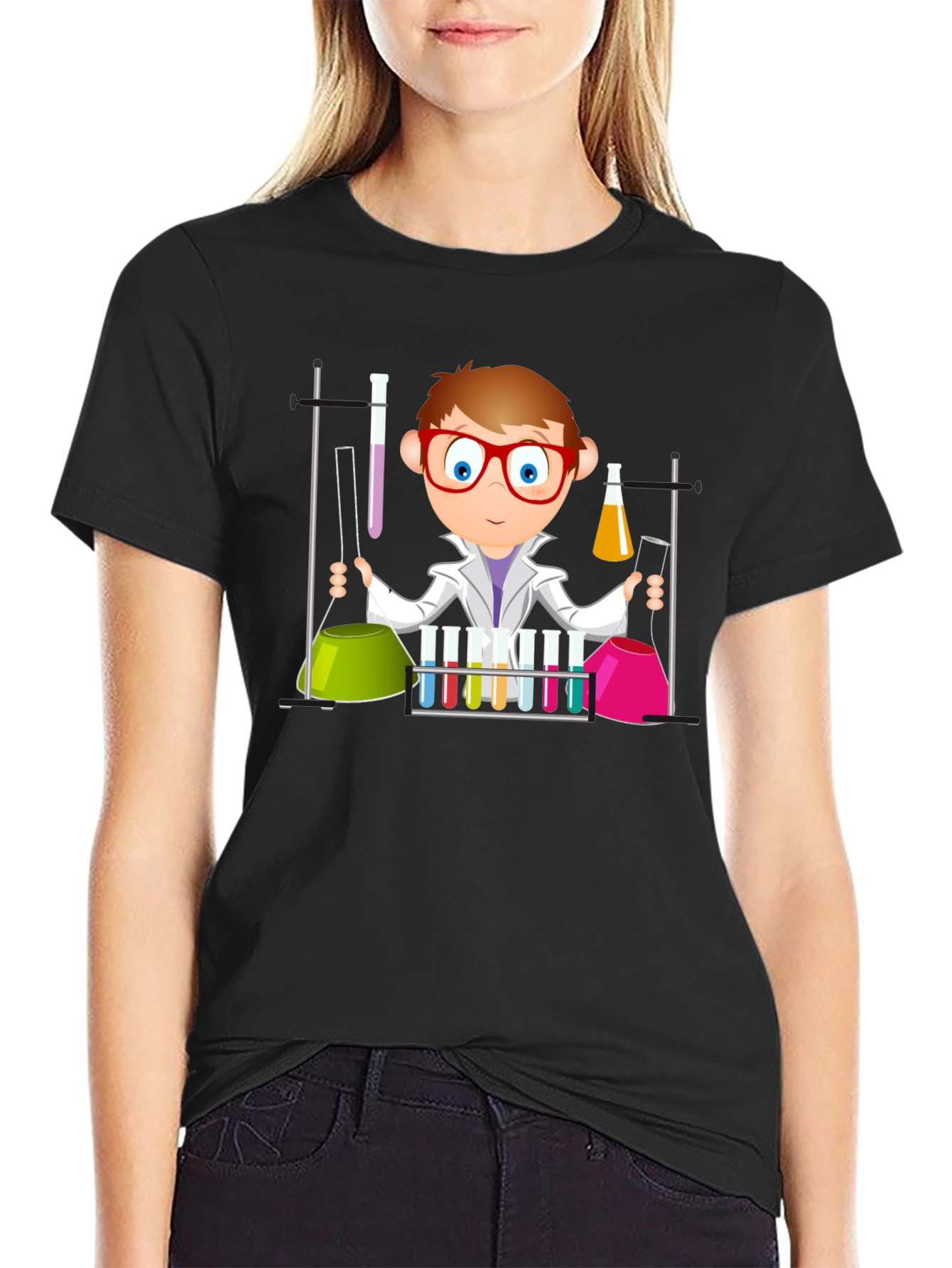 Black Scientist Cartoon Graphic T-Shirt - Black view 2
