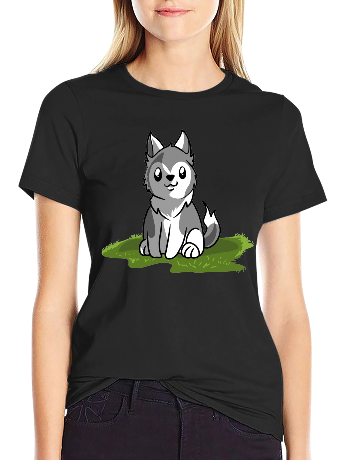 Black Cute Husky Puppy Graphic T-Shirt view 2