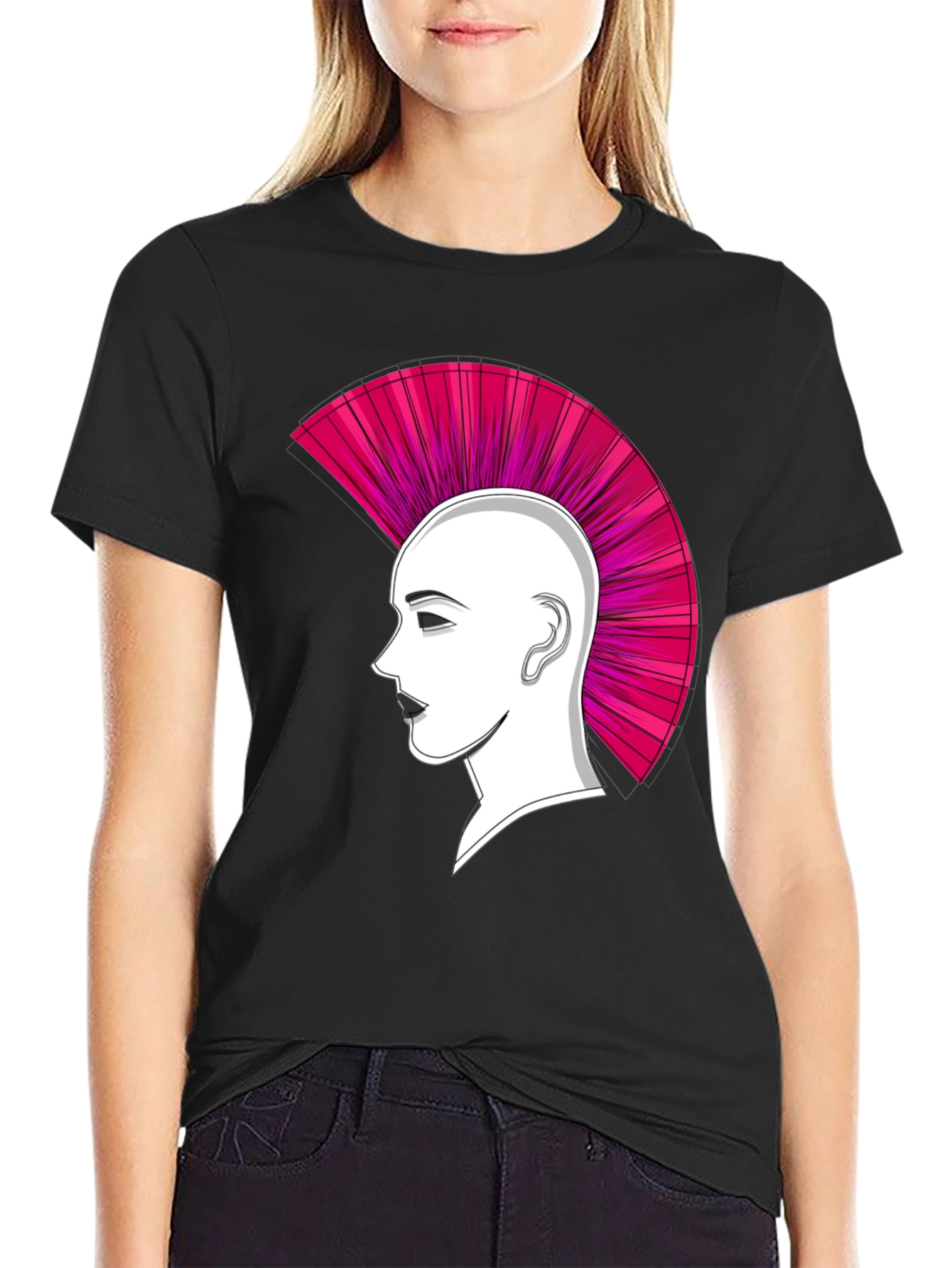Black Punk Hairstyle Graphic Tee - Black Cotton T-Shirt view 2