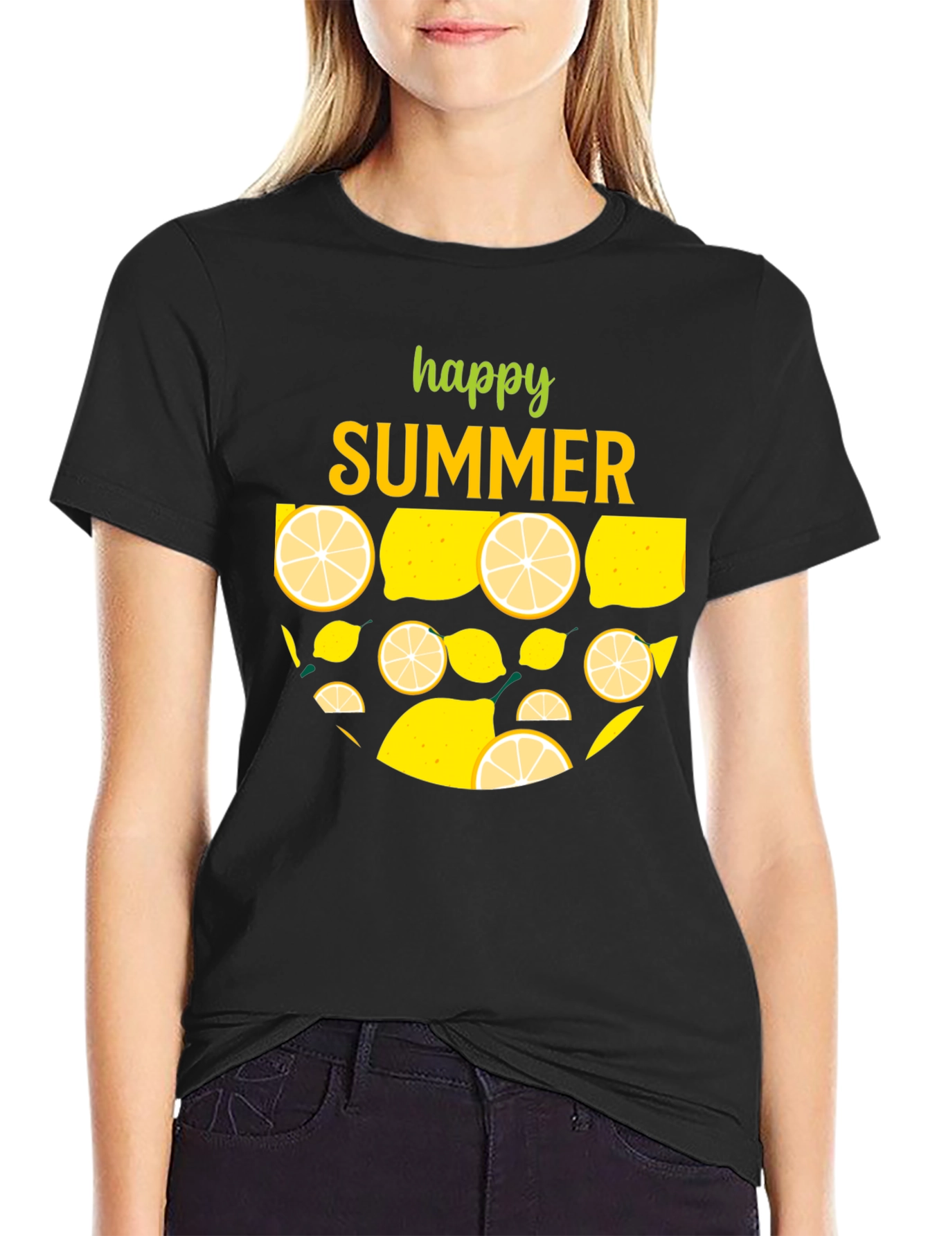 Black Happy Summer Lemon Graphic T-Shirt view 2