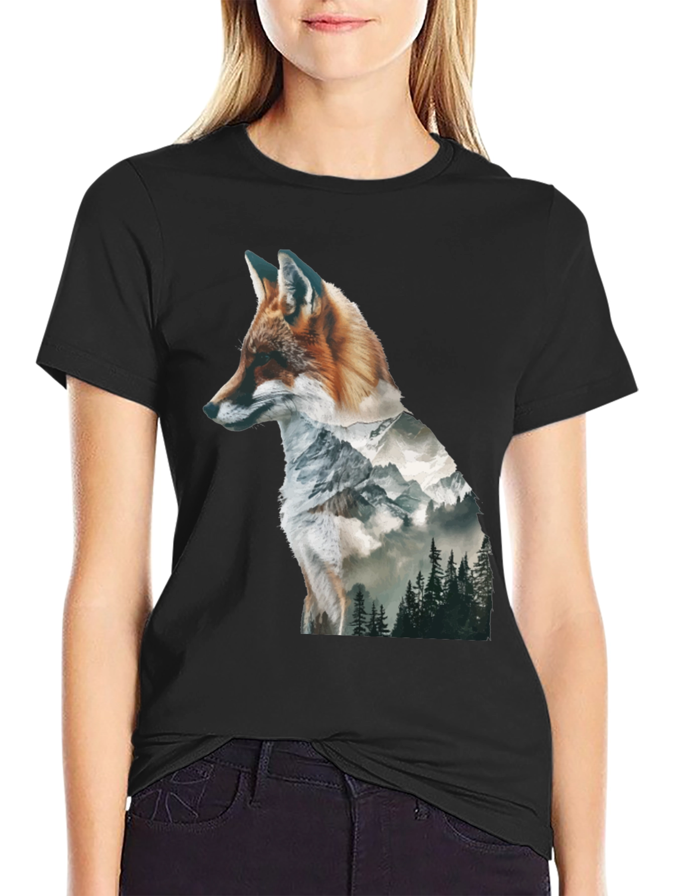 Black Fox & Mountain Graphic Print Black T-Shirt view 2
