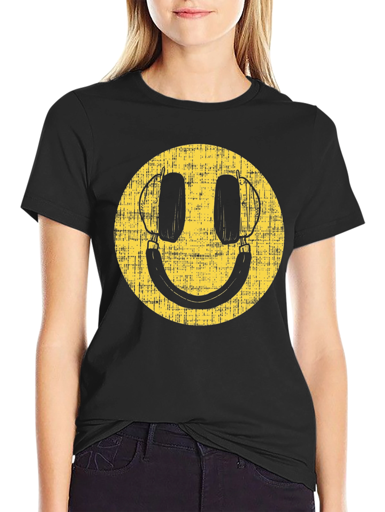 Black Retro Smiley Face Headphones Black T-Shirt view 2