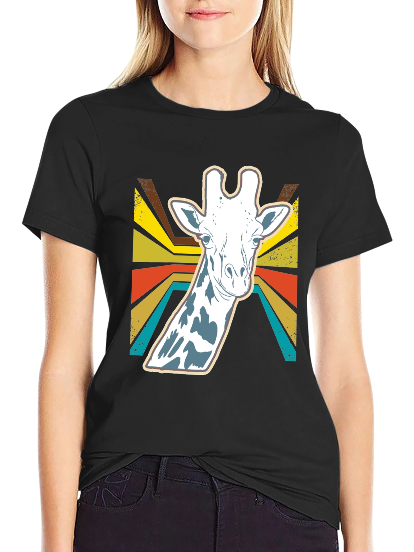 Black Retro Giraffe Graphic Tee - Stylish Animal Print Shirt view 2