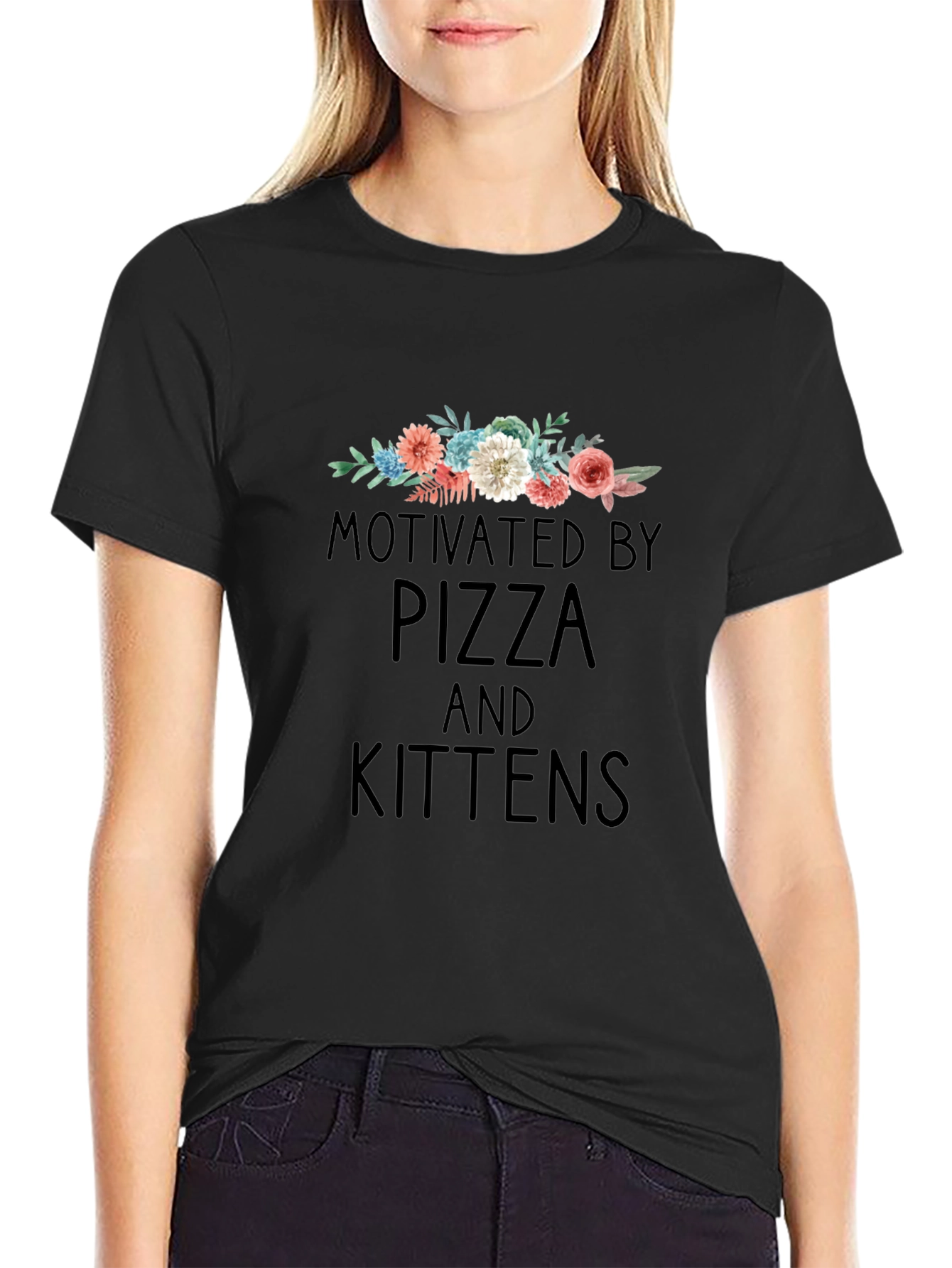 Black Motivated by Pizza and Kittens T-Shirt view 2