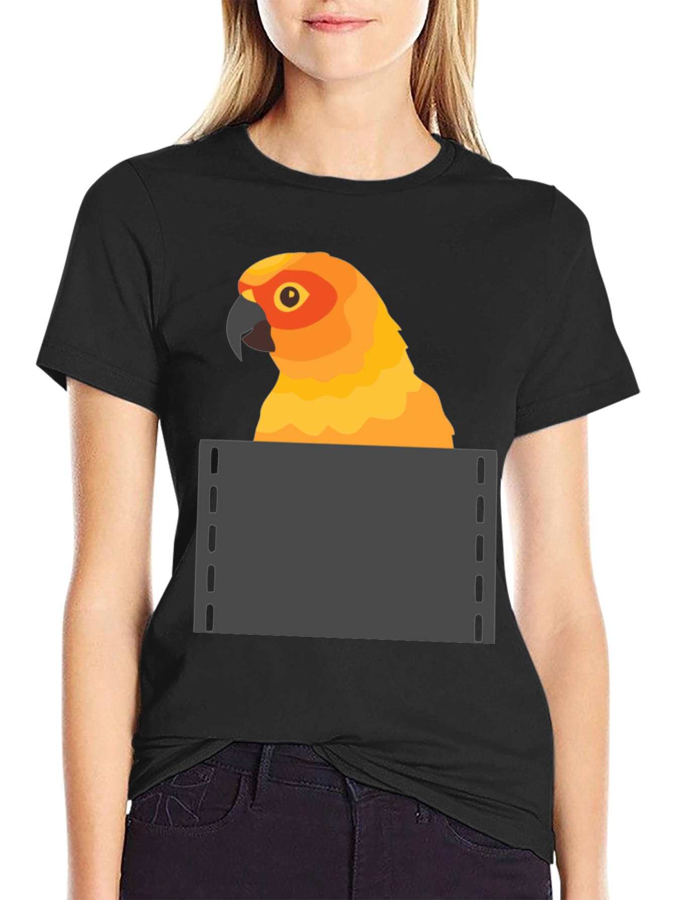 Black Parrot in Pocket Graphic Tee - Fun Animal T-Shirt view 2