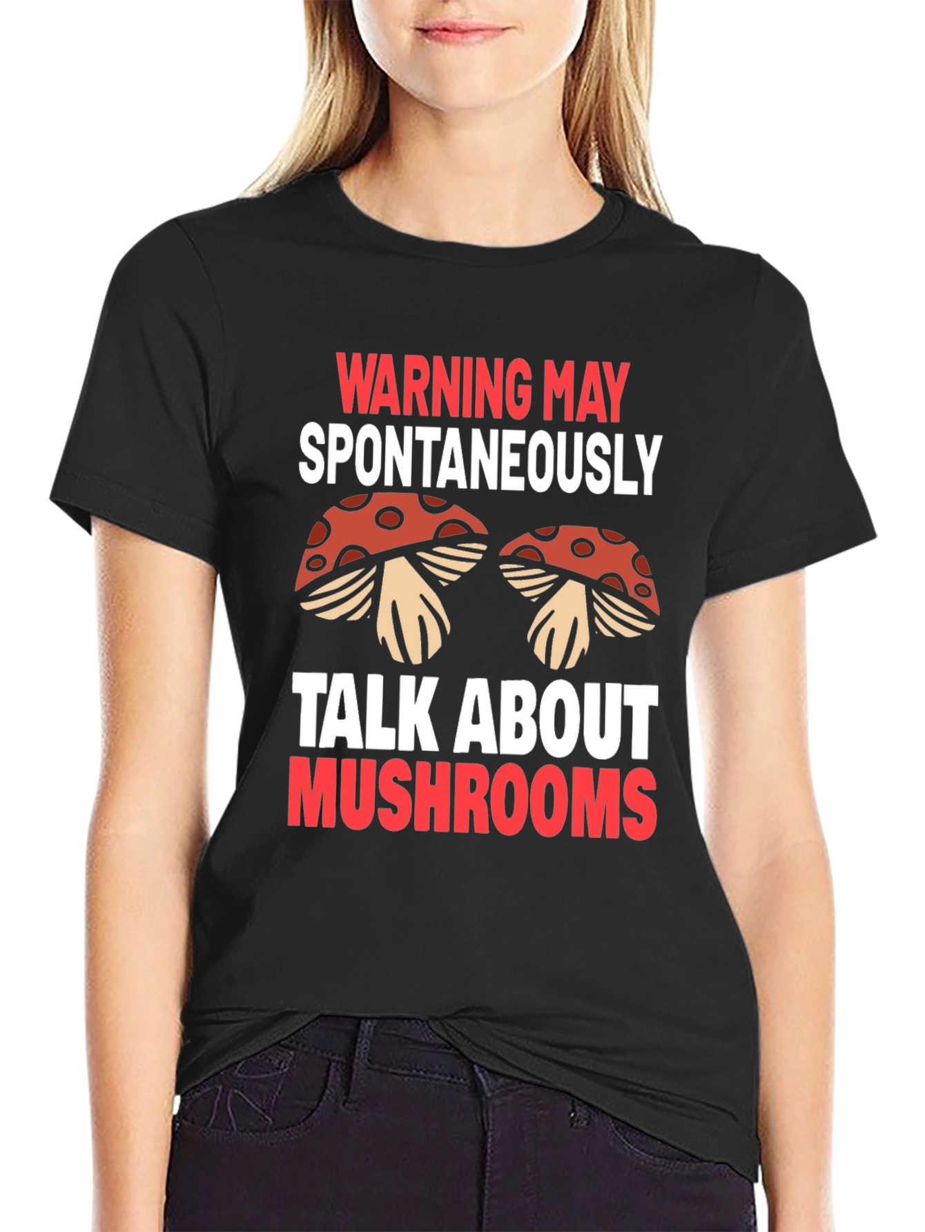 Black Warning May Spontaneously Talk About Mushrooms T-Shirt view 2