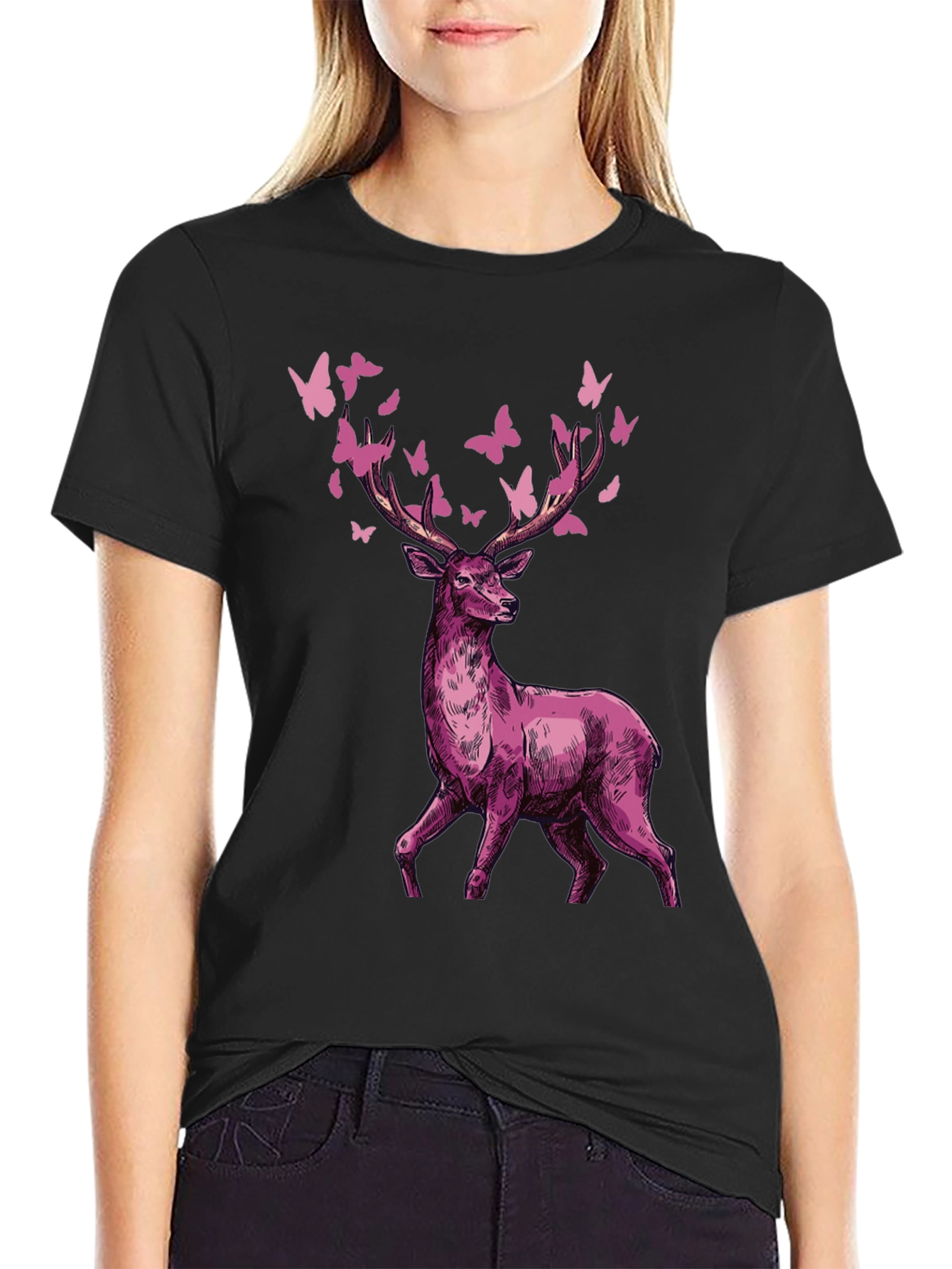Black Deer & Butterfly Graphic Tee view 2
