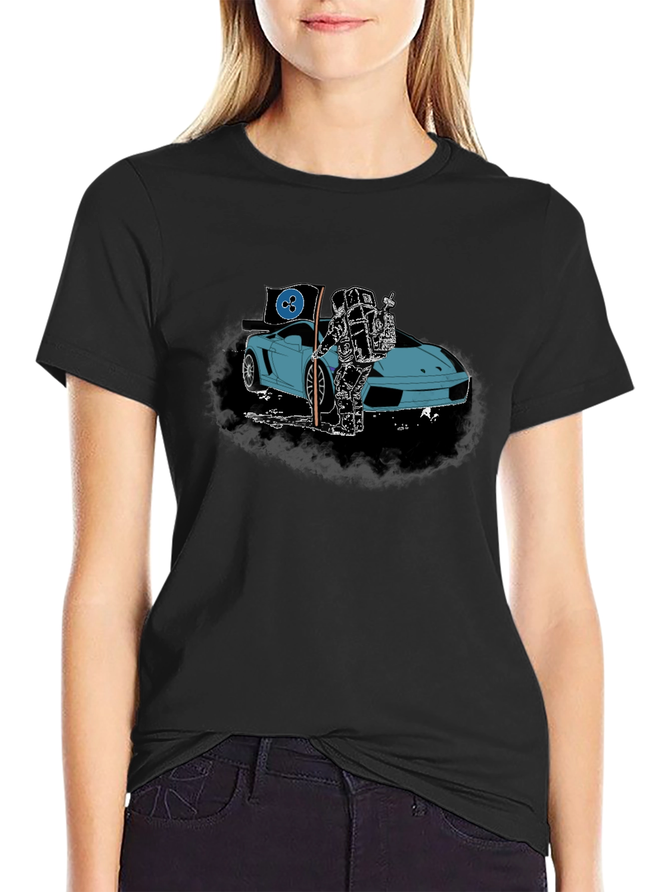 Black Astronaut & Sports Car Graphic T-Shirt view 2