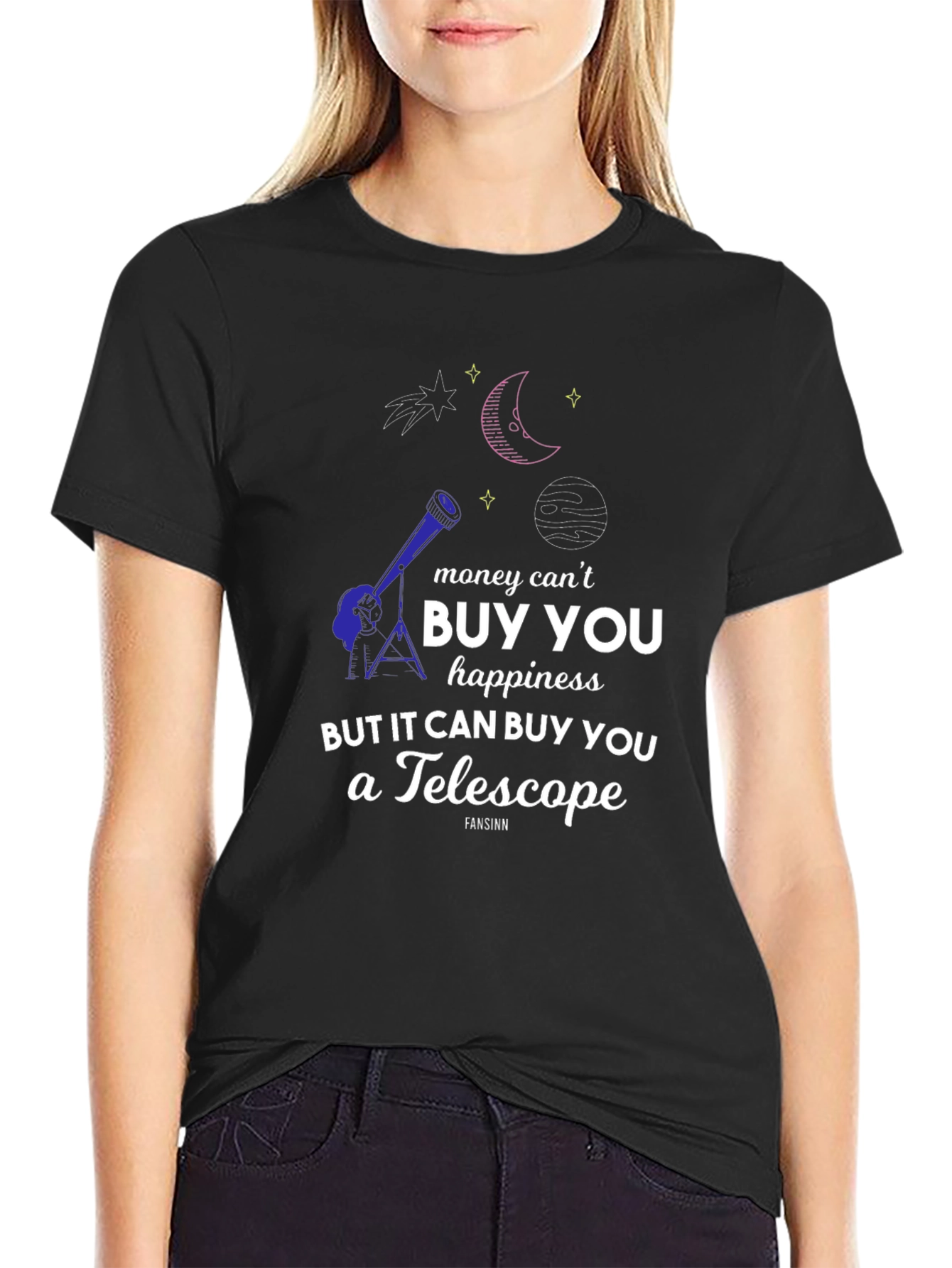 Black Telescope & Space Graphic T-Shirt - Buy Happiness! view 2