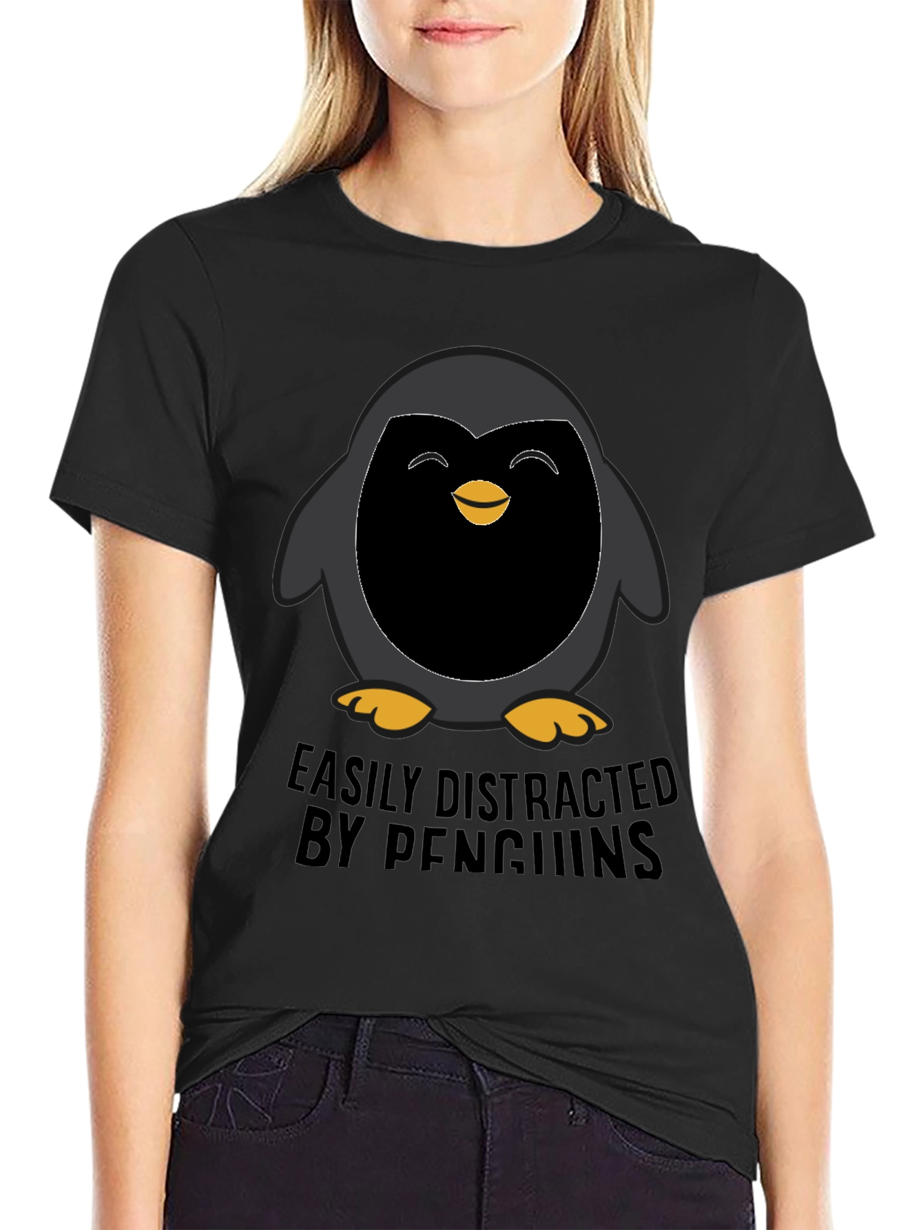 Black Penguin Lover T-Shirt - Easily Distracted by Penguins view 2