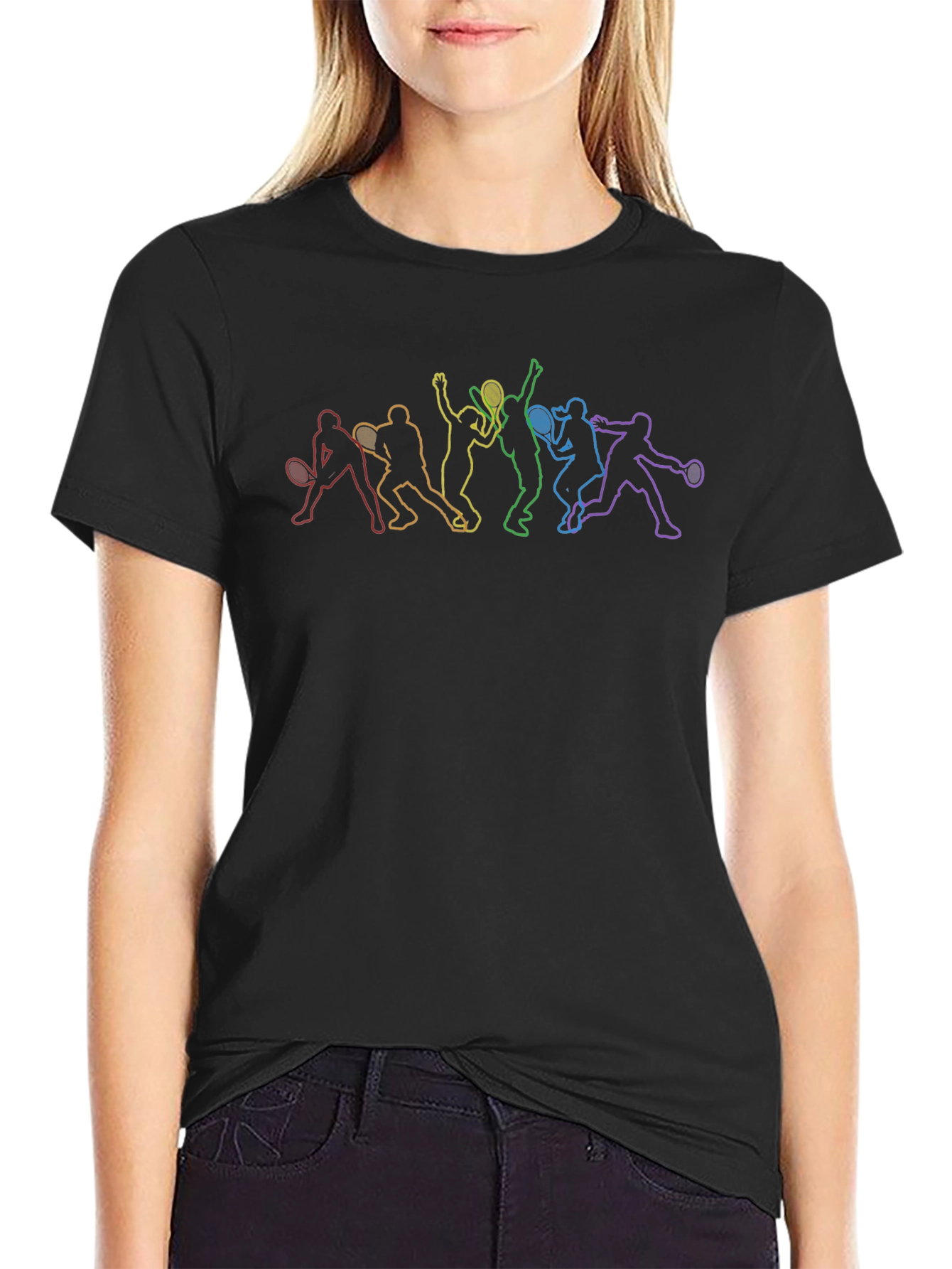 Black Rainbow Tennis Player Silhouette Black T-Shirt view 2