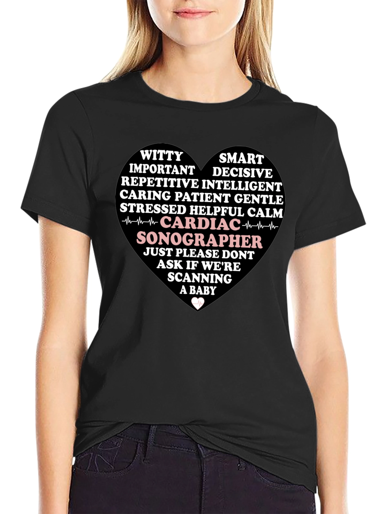 Black Cardiac Sonographer Heart T-Shirt view 2
