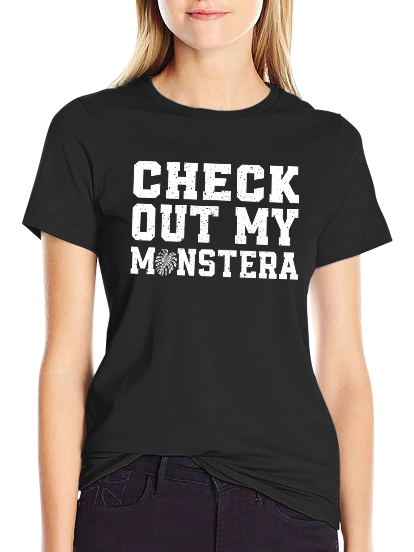 Black Check Out My Monstera Graphic Tee - Black Cotton T-Shirt view 2