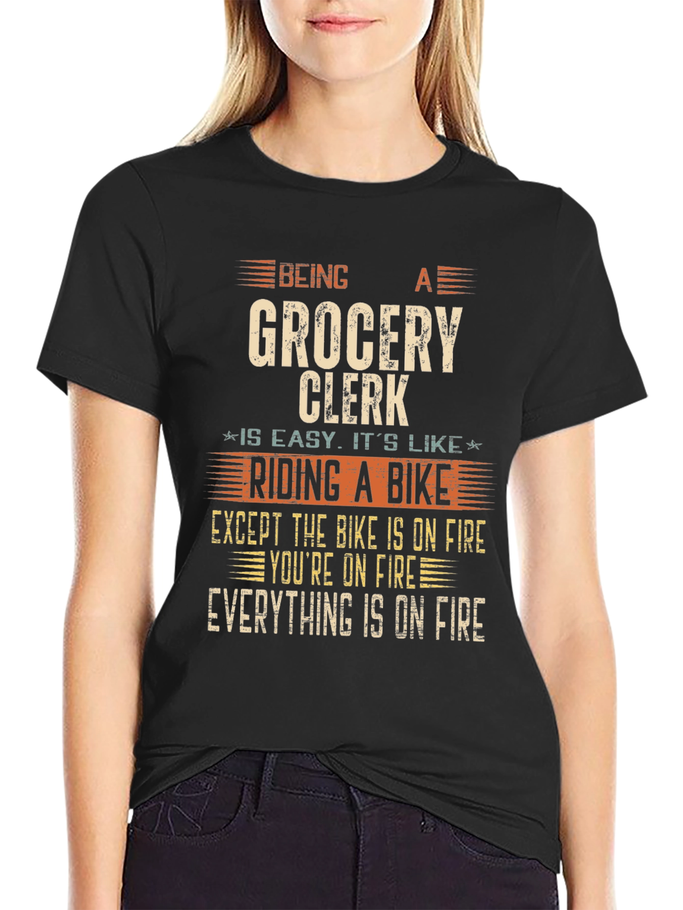 Black Funny Grocery Clerk T-Shirt: Riding A Bike On Fire view 2