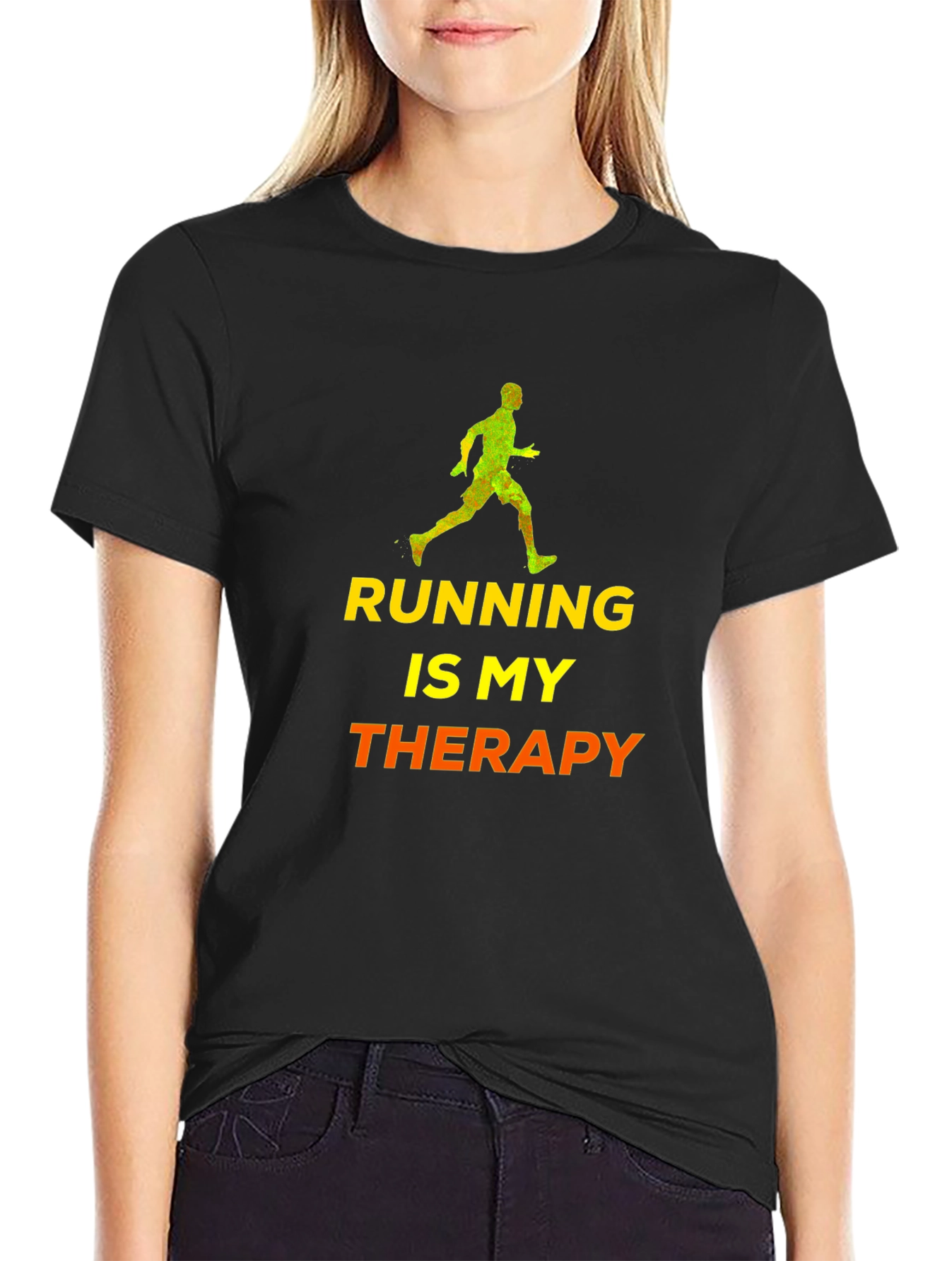 Black Running Is My Therapy T-Shirt - Black Cotton Blend view 2