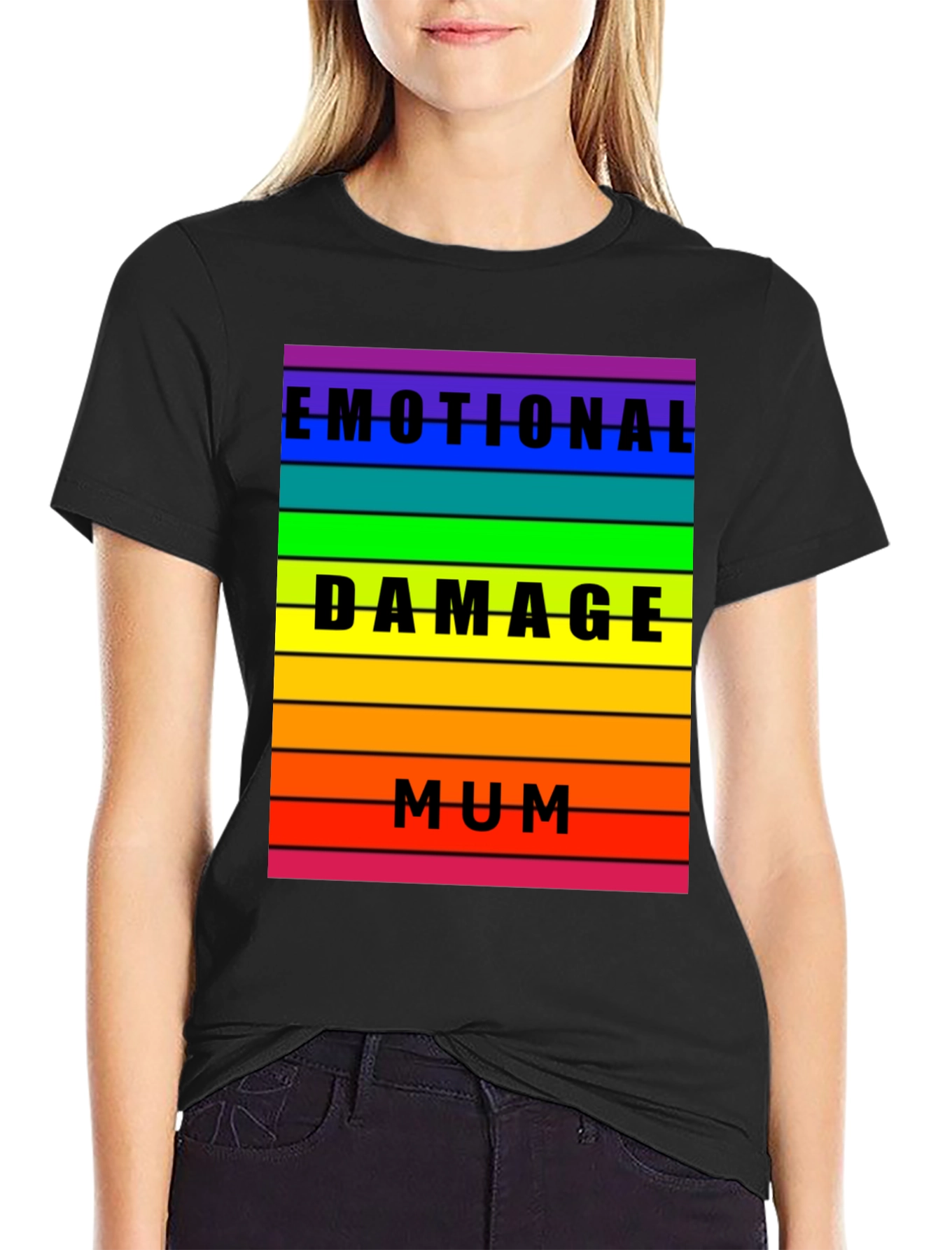 Black Emotional Damage Mum Rainbow Striped Graphic Tee view 2