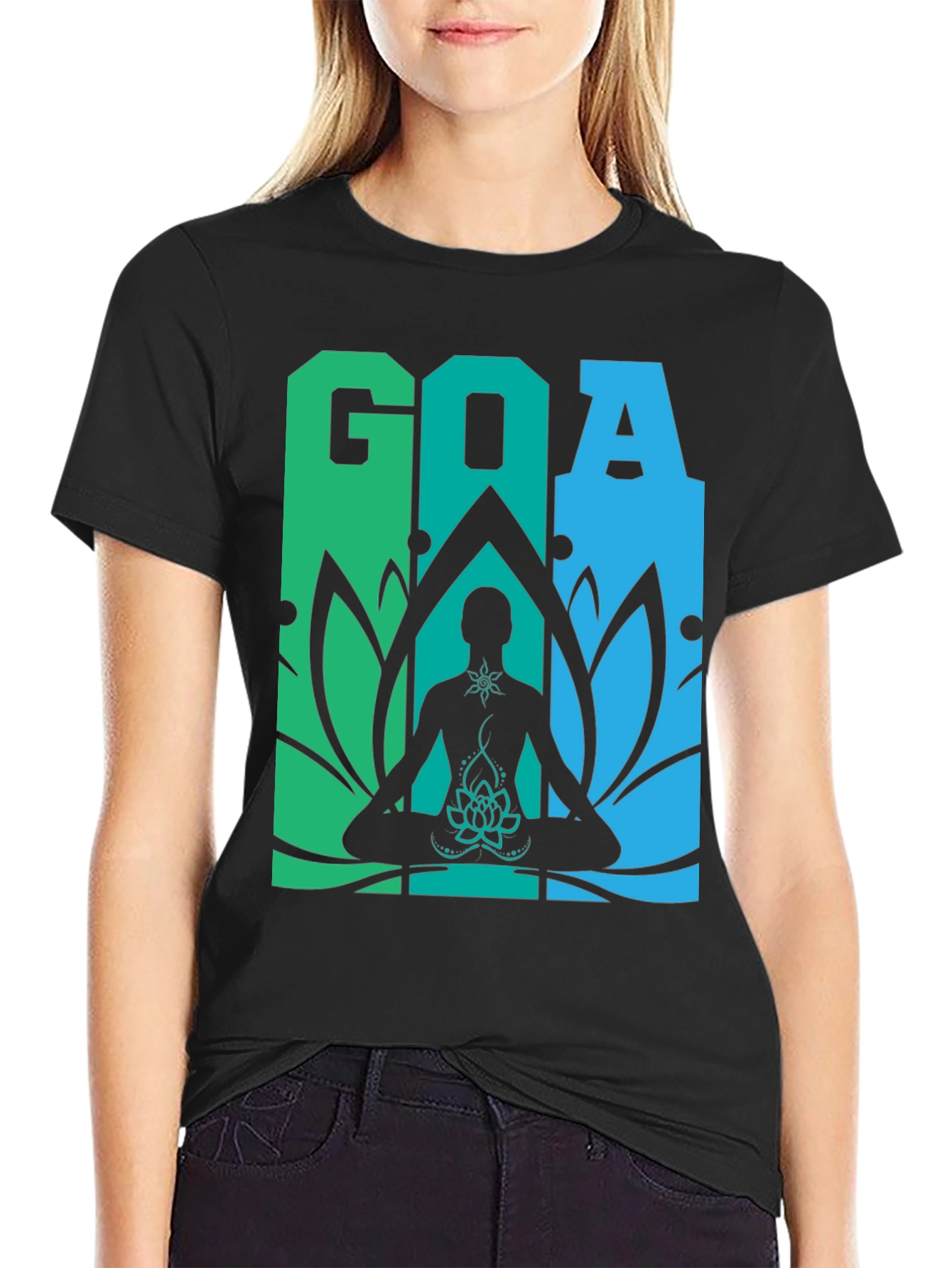 Black Goa Meditation T-Shirt - Yoga Lotus Design view 2