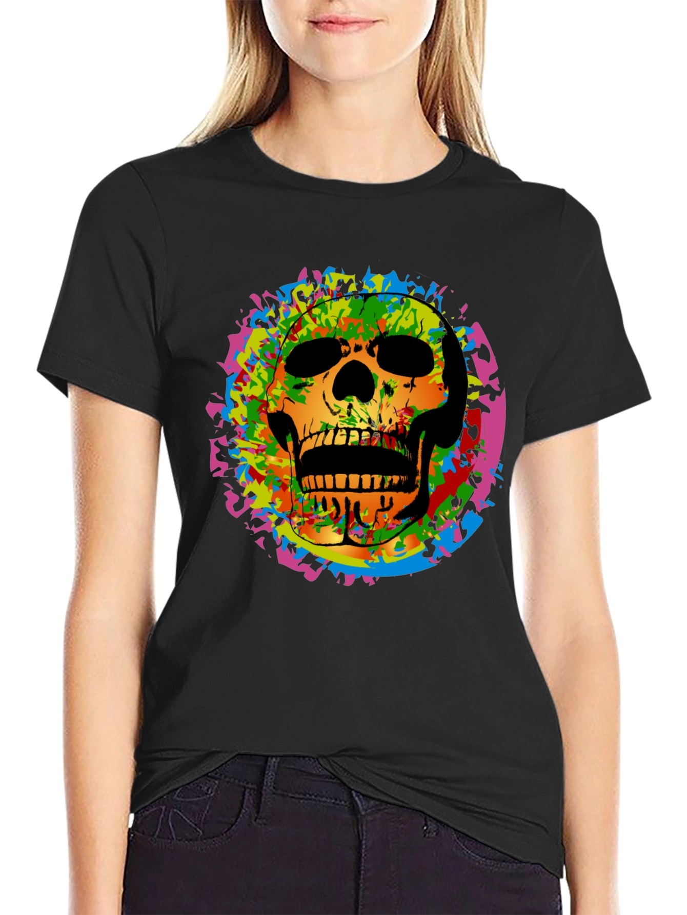 Black Colorful Skull Graphic Tee - Edgy Men's Black T-Shirt view 2