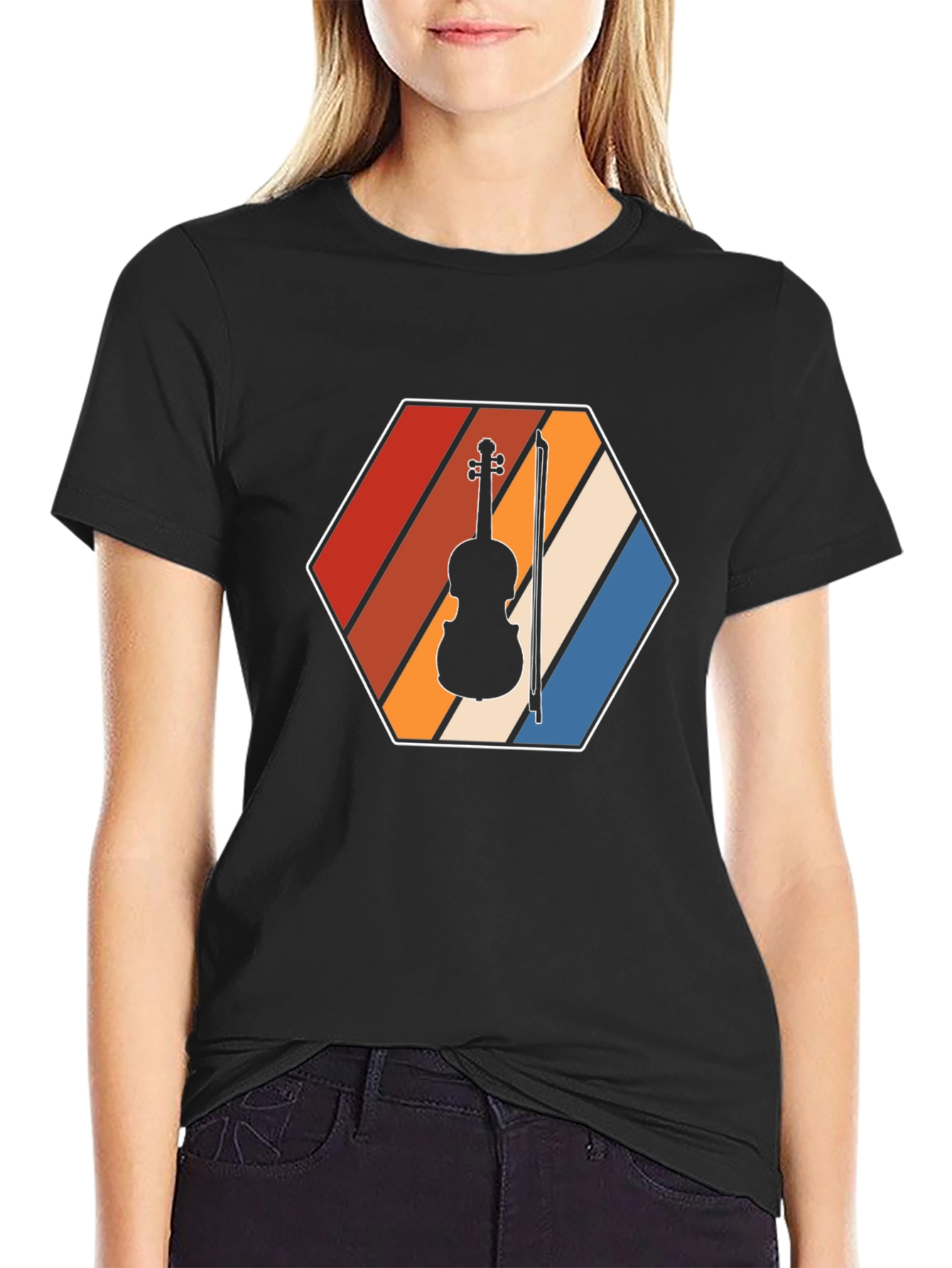 Black Retro Violin T-Shirt - Music Lover Tee view 2