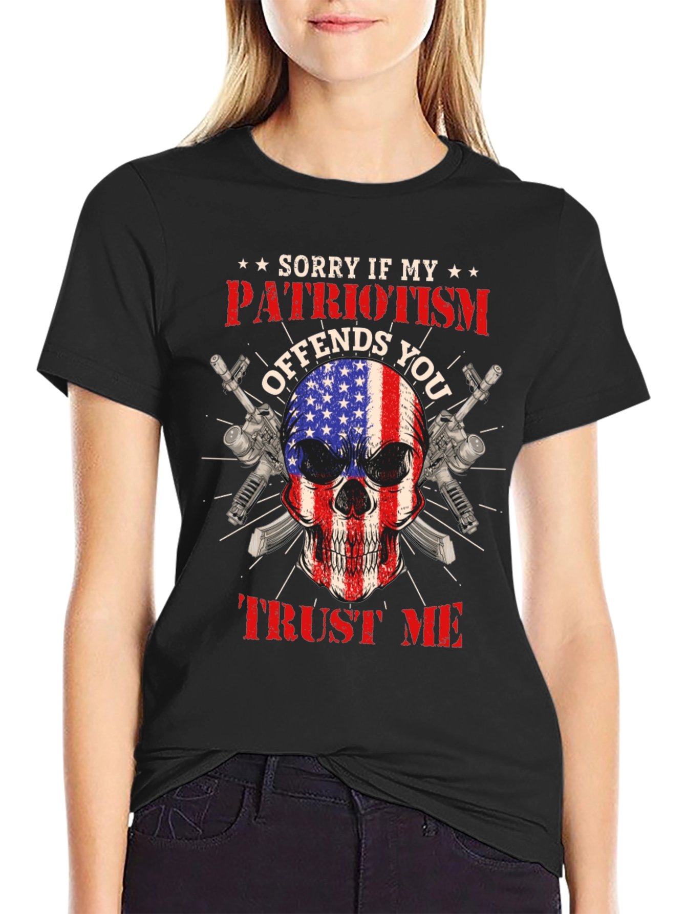 Black Patriotic Skull T-Shirt: Offends You? Trust Me view 2
