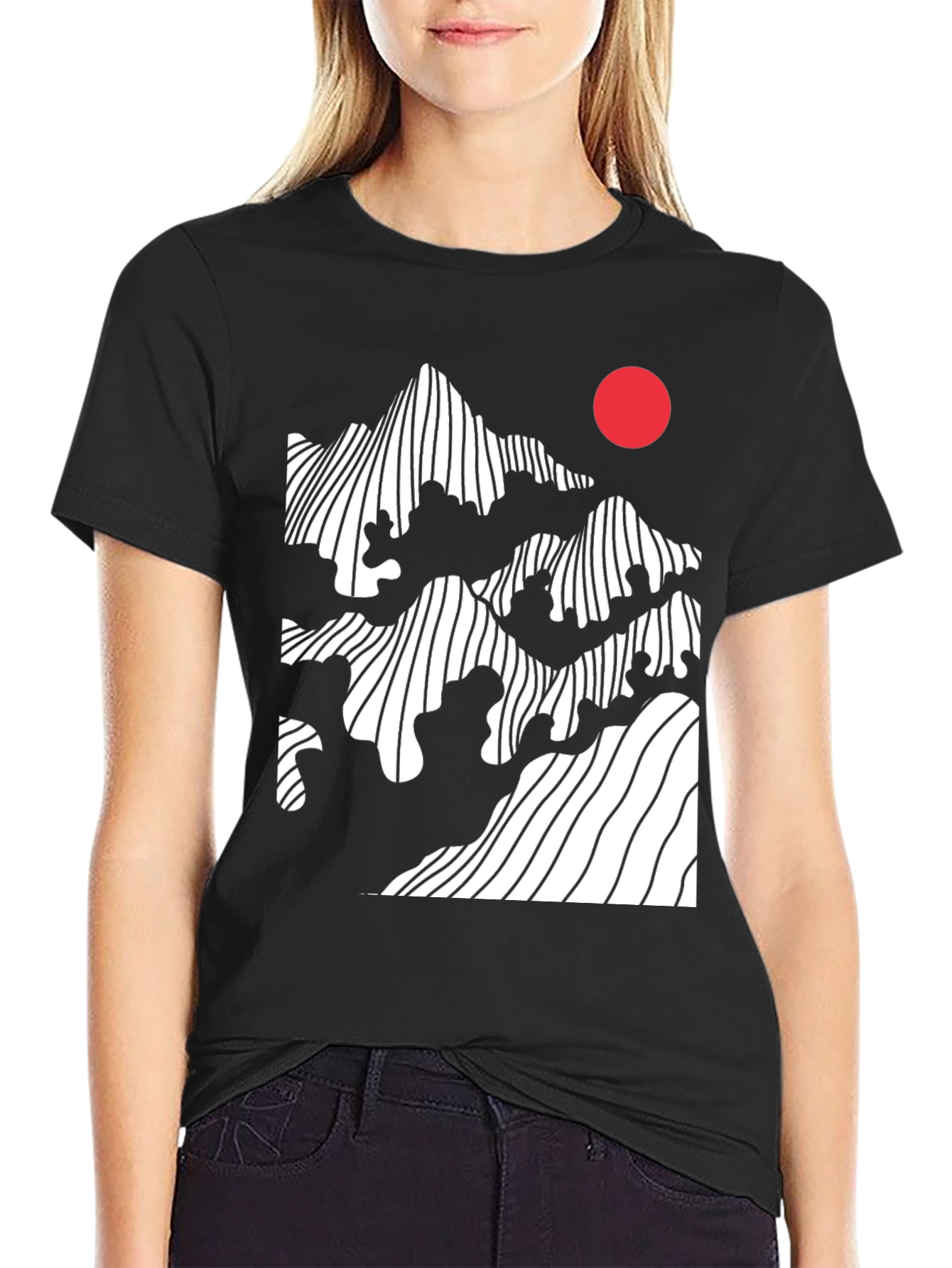 Black Abstract Mountain & Sun Graphic Tee - Modern Black T-Shirt view 2