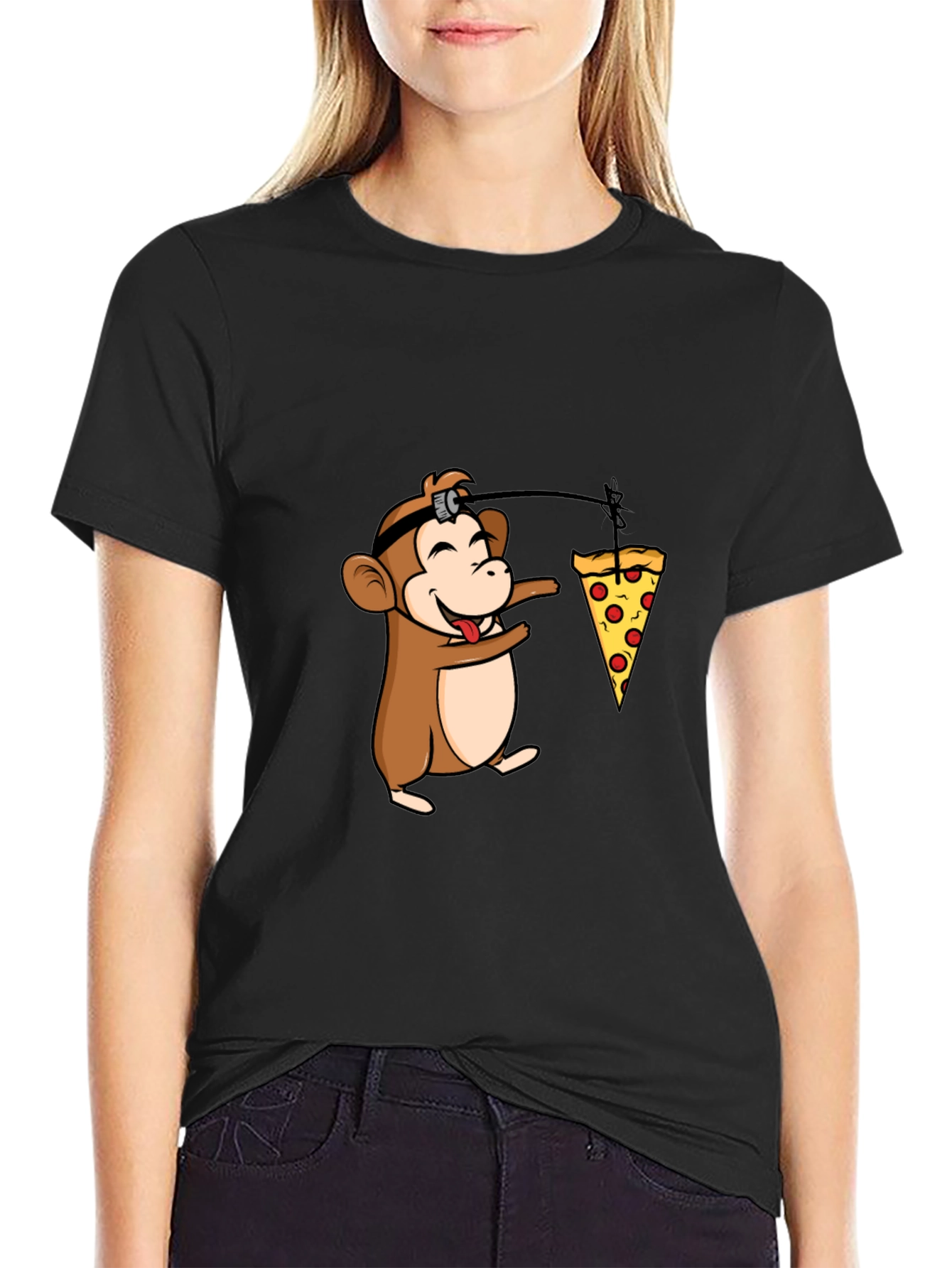 Black Funny Monkey Pizza T-Shirt - Novelty Cartoon Tee view 2