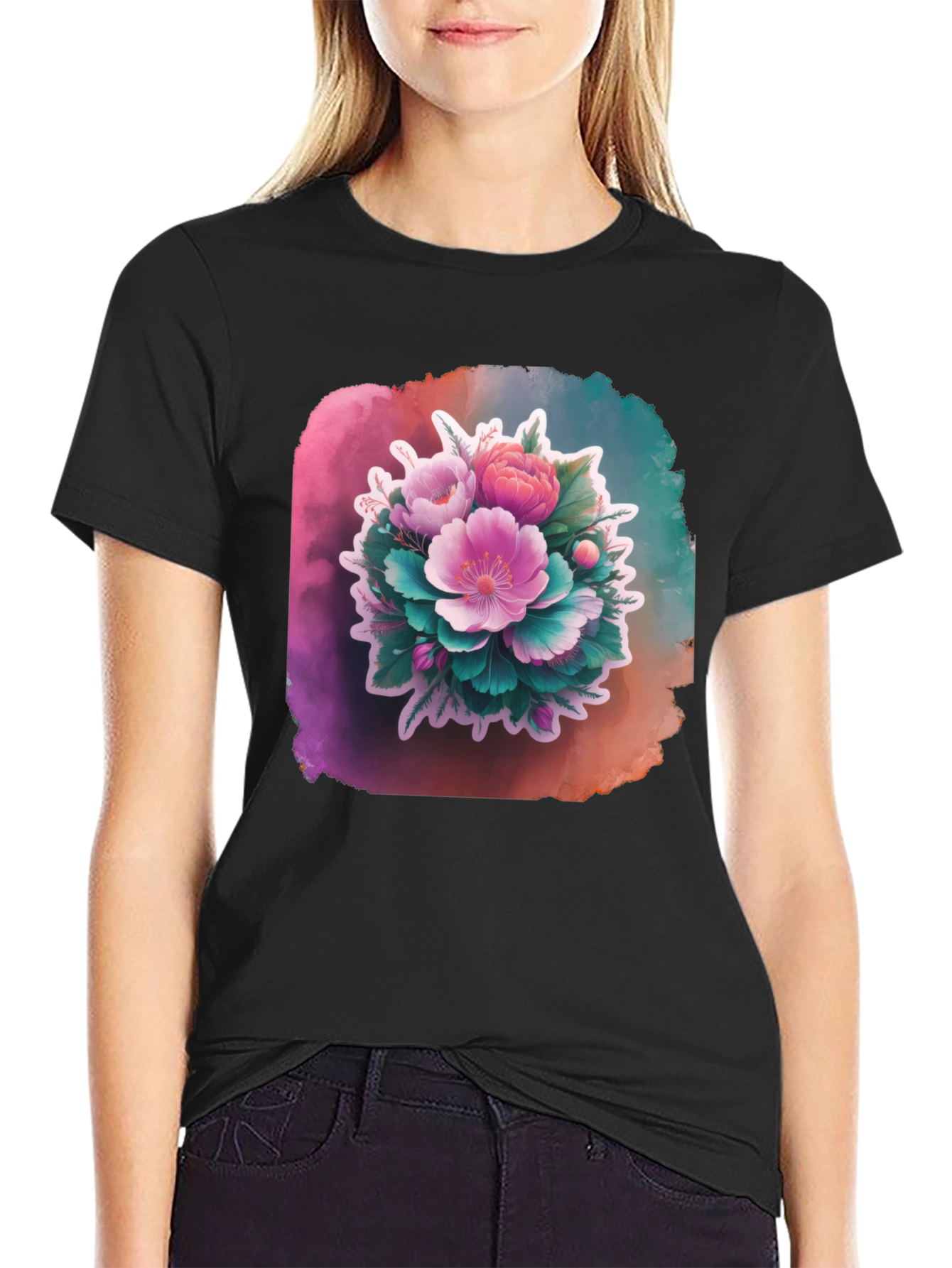 Black Floral Bouquet Black T-Shirt view 2