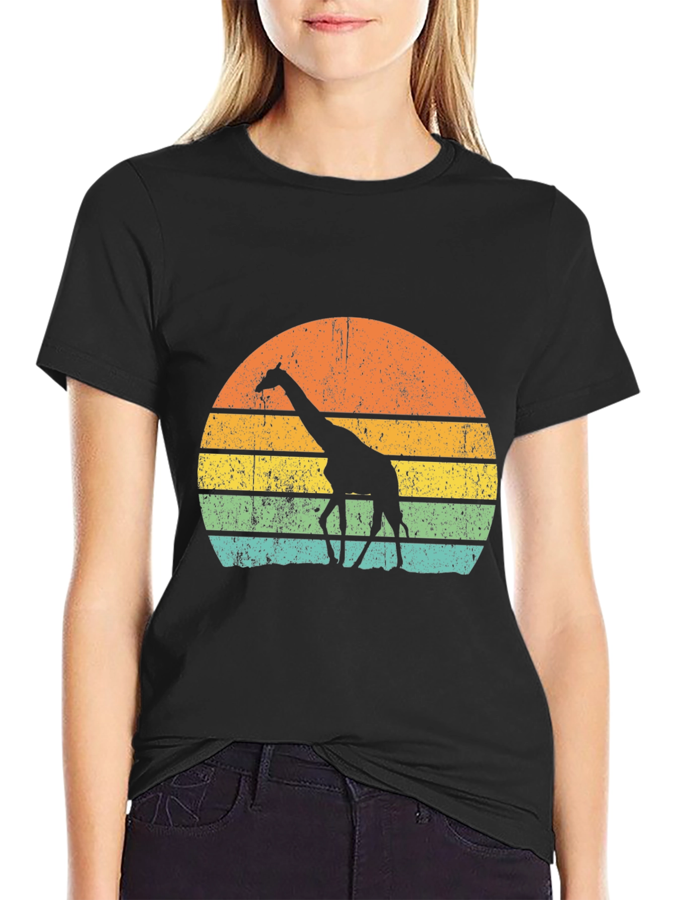 Black Retro Giraffe Sunset Graphic Tee - Black view 2
