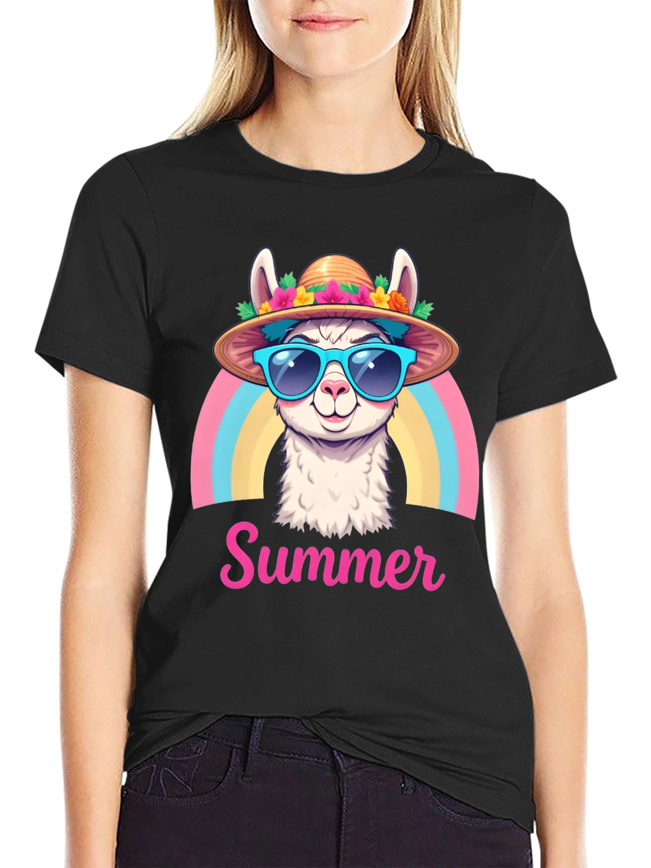 Black Summer Llama T-Shirt Rainbow Hat Sunglasses view 2