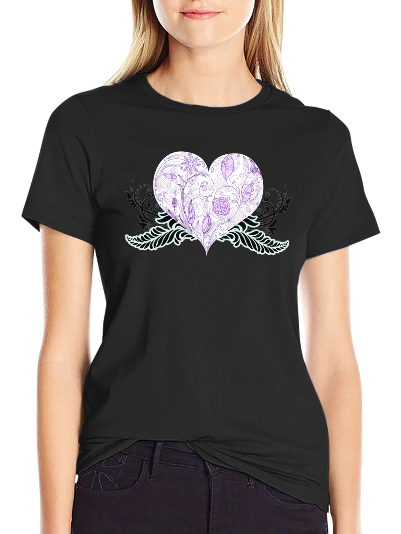 Black Floral Heart Graphic T-Shirt - Black view 2