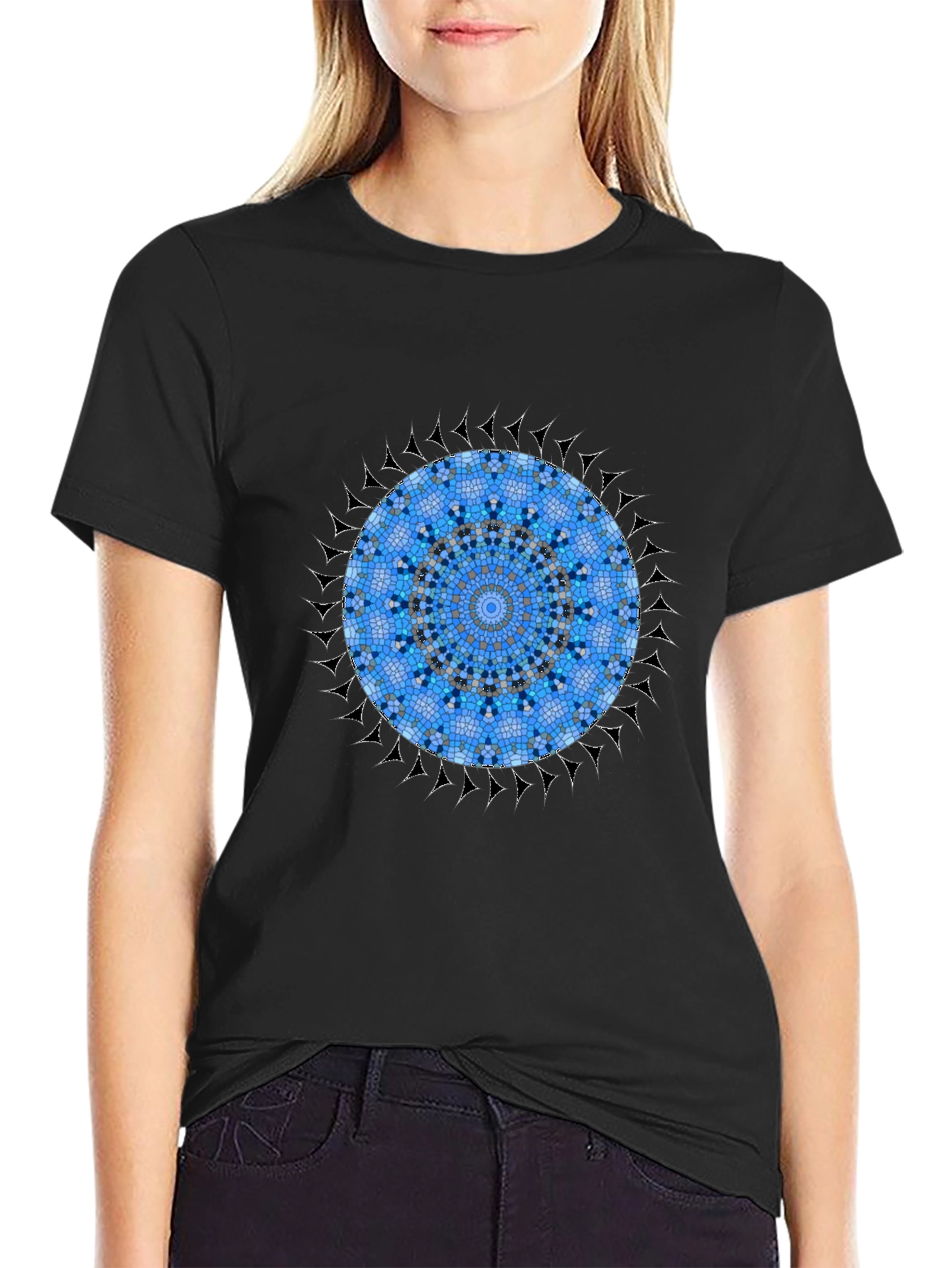 Black Blue Mosaic Mandala Graphic Black T-Shirt view 2