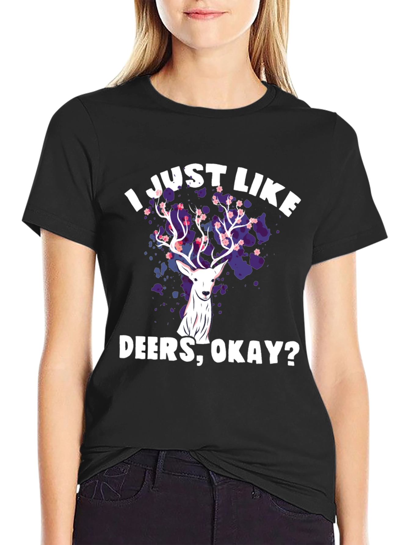 Black I Just Like Deers Okay T-Shirt view 2