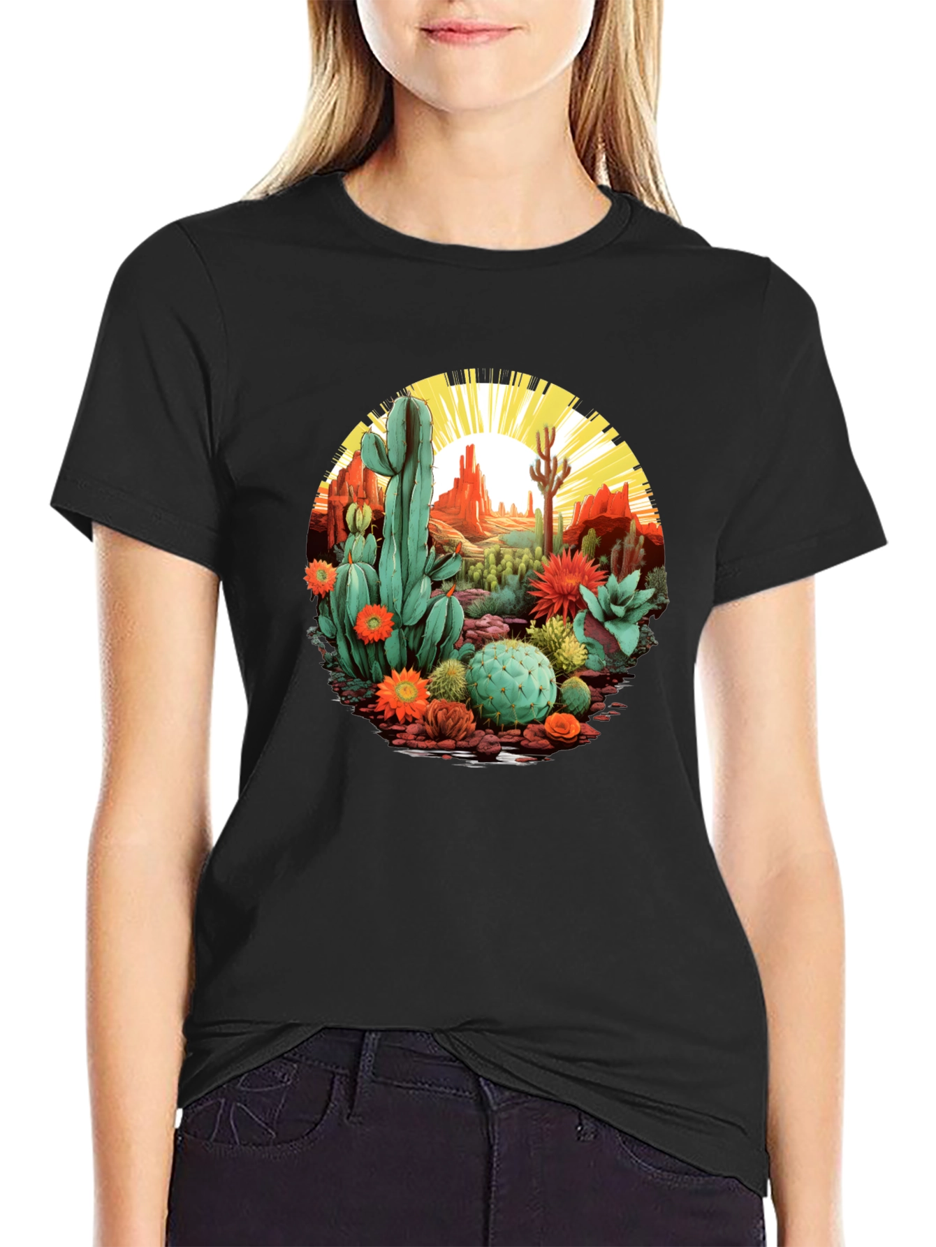Black Desert Cactus Graphic T-Shirt - Unisex Black Tee view 2