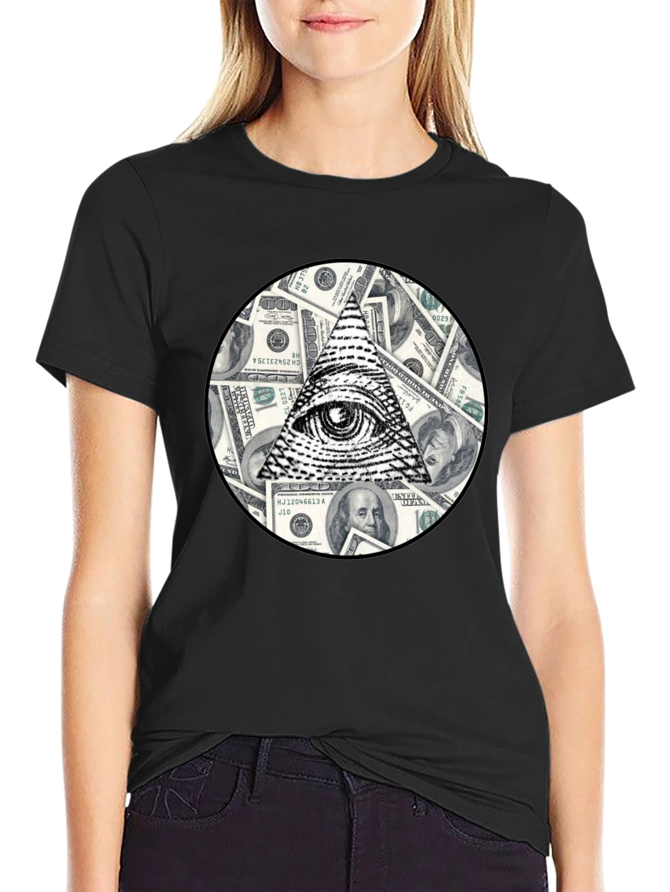 Black Illuminati Eye & Money Print Black T-Shirt view 2