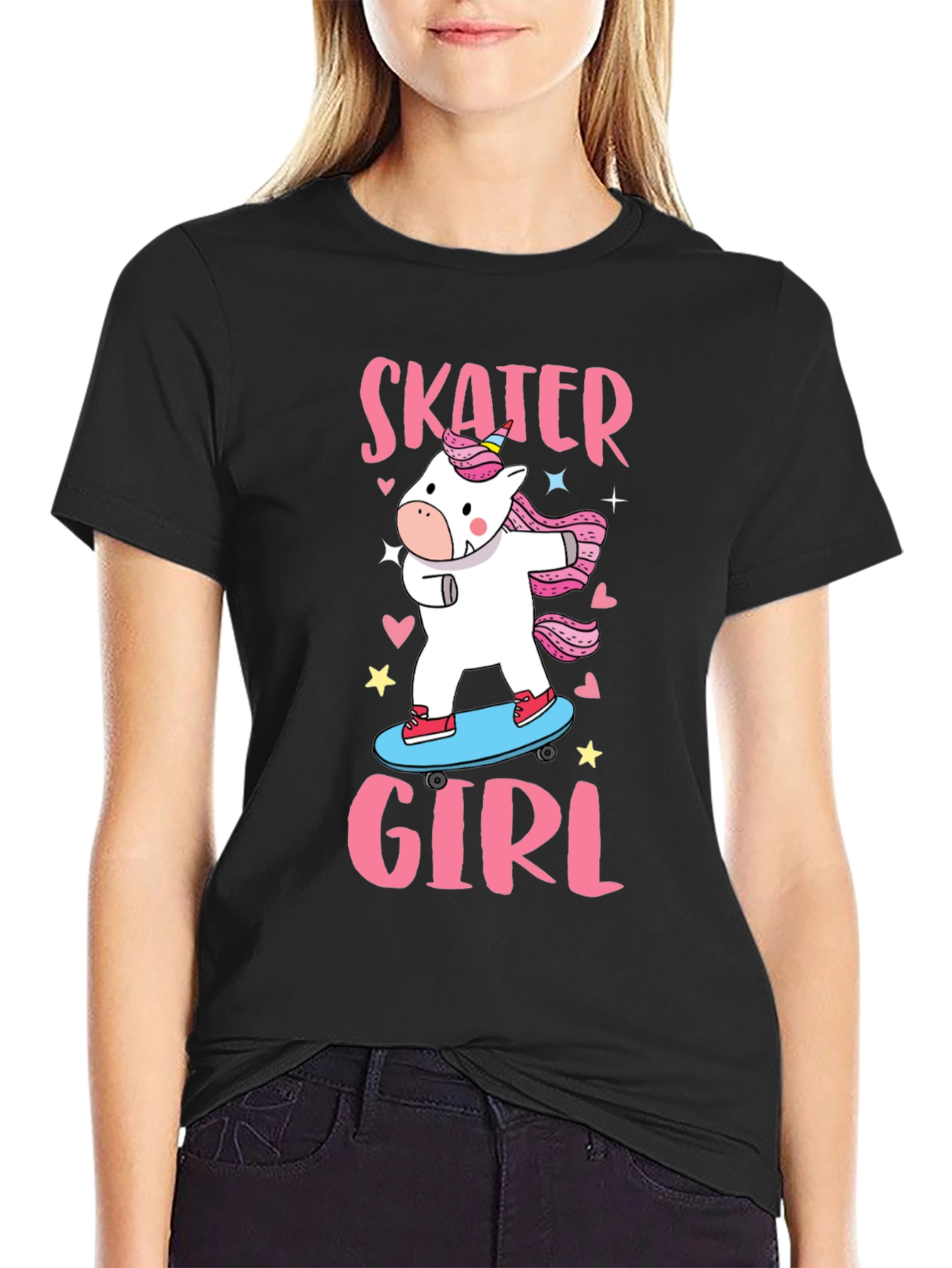 Black Skater Girl Unicorn T-Shirt - Cute Graphic Tee view 2