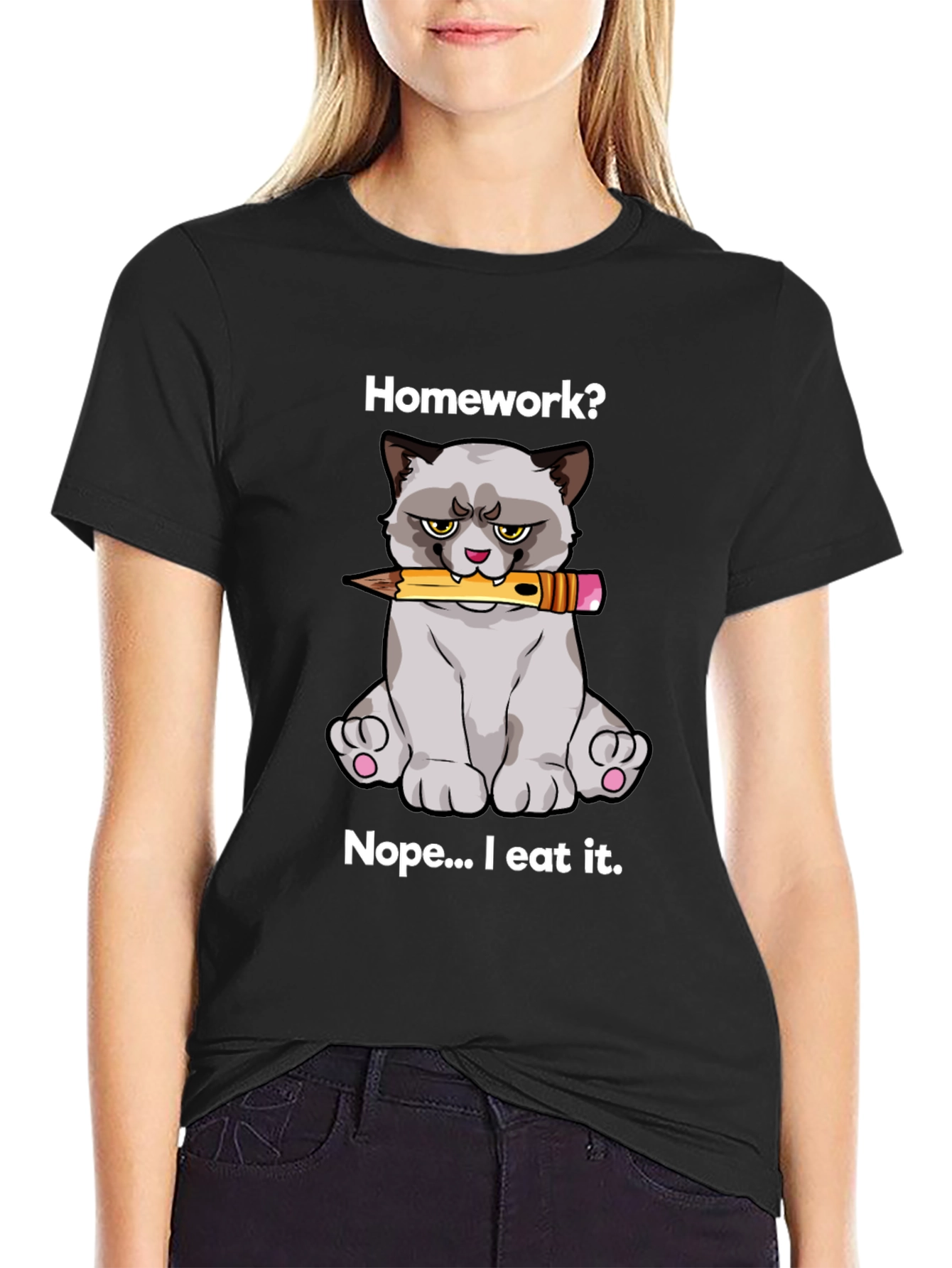 Black Homework Eating Cat T-Shirt view 2