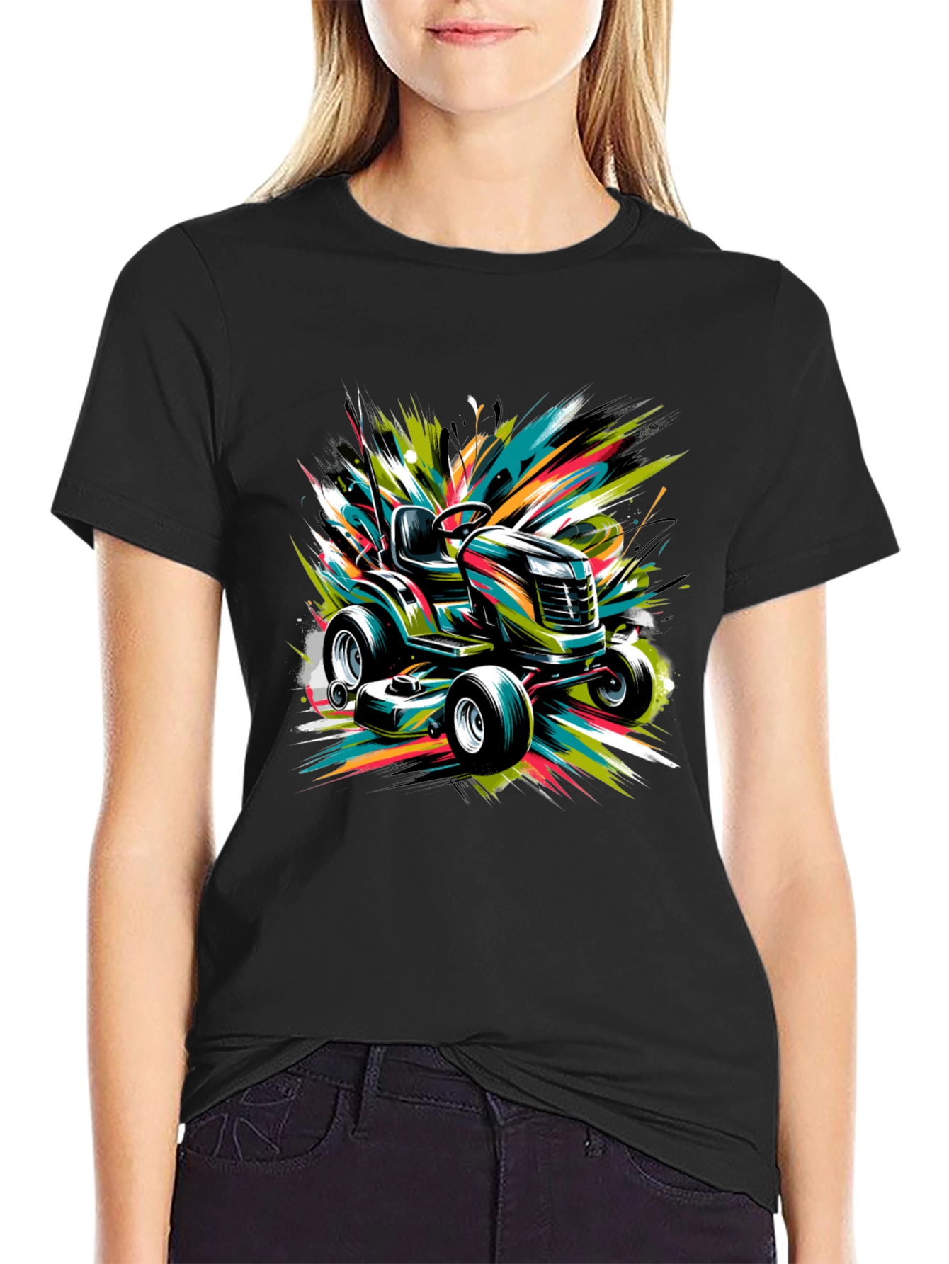 Black Vibrant Lawn Mower Graphic Tee view 2
