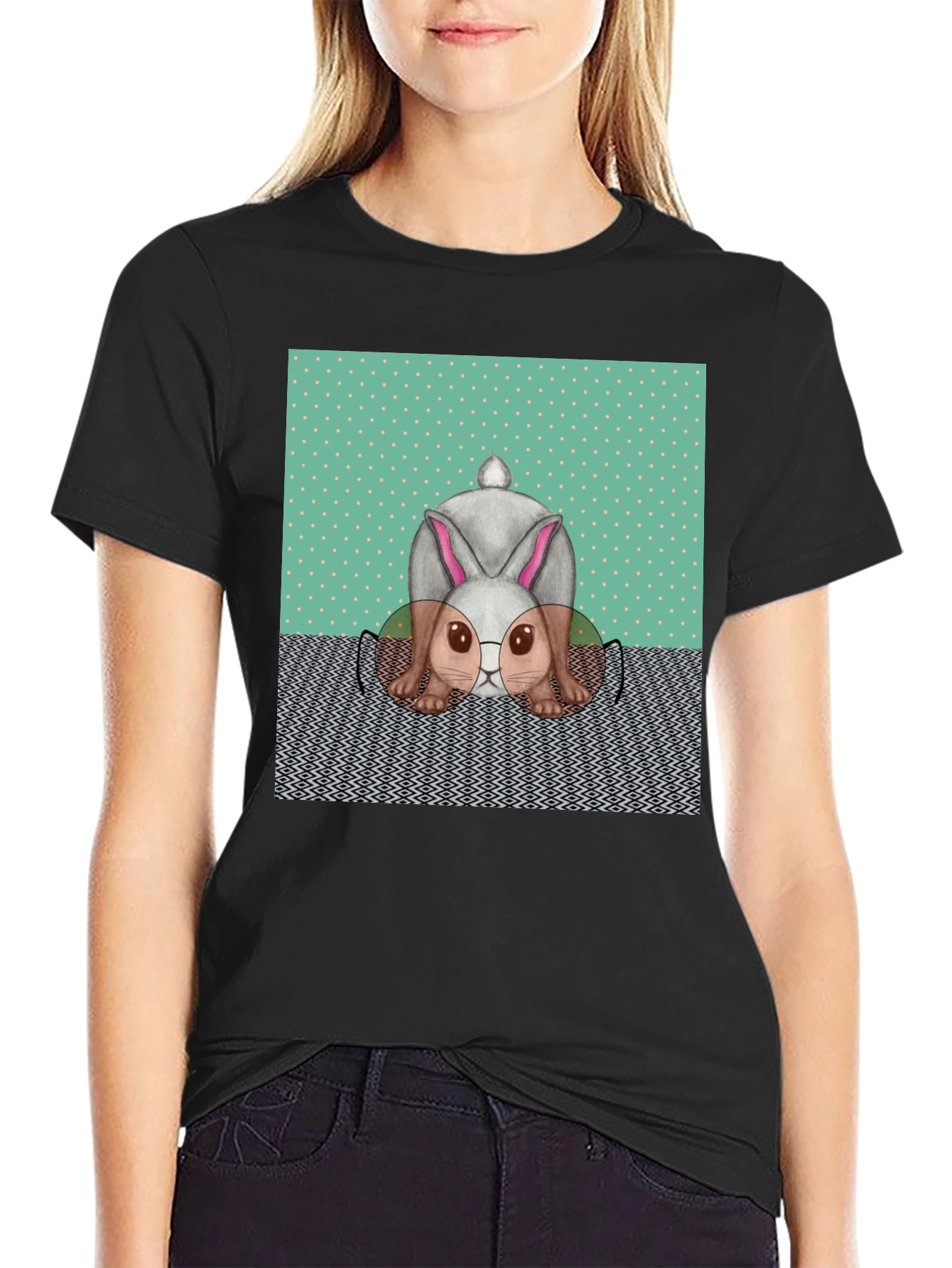 Black Funny Bunny T-Shirt - Reading Rabbit Design view 2