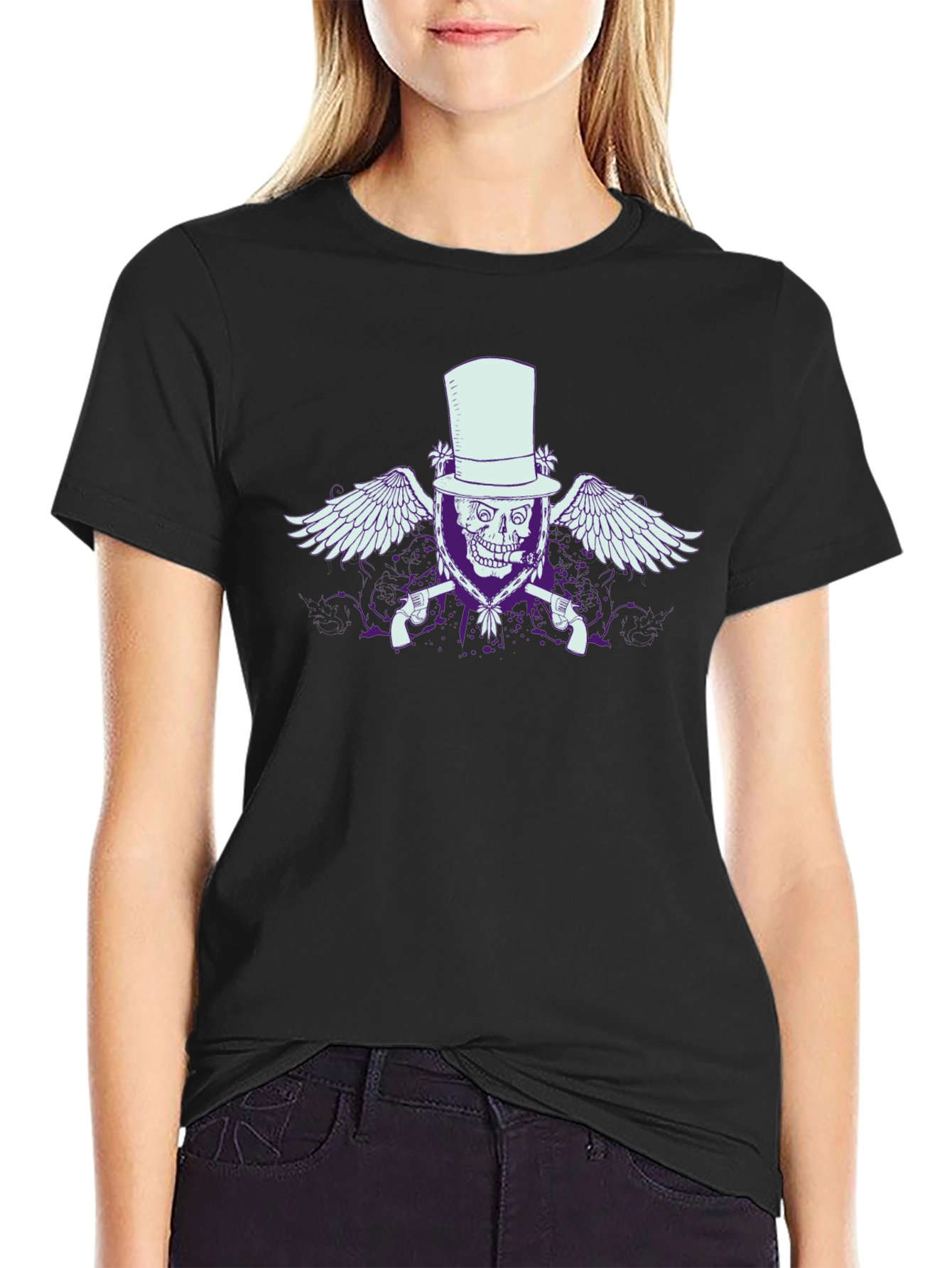 Black Skull & Guns Graphic T-Shirt - Top Hat Design view 2