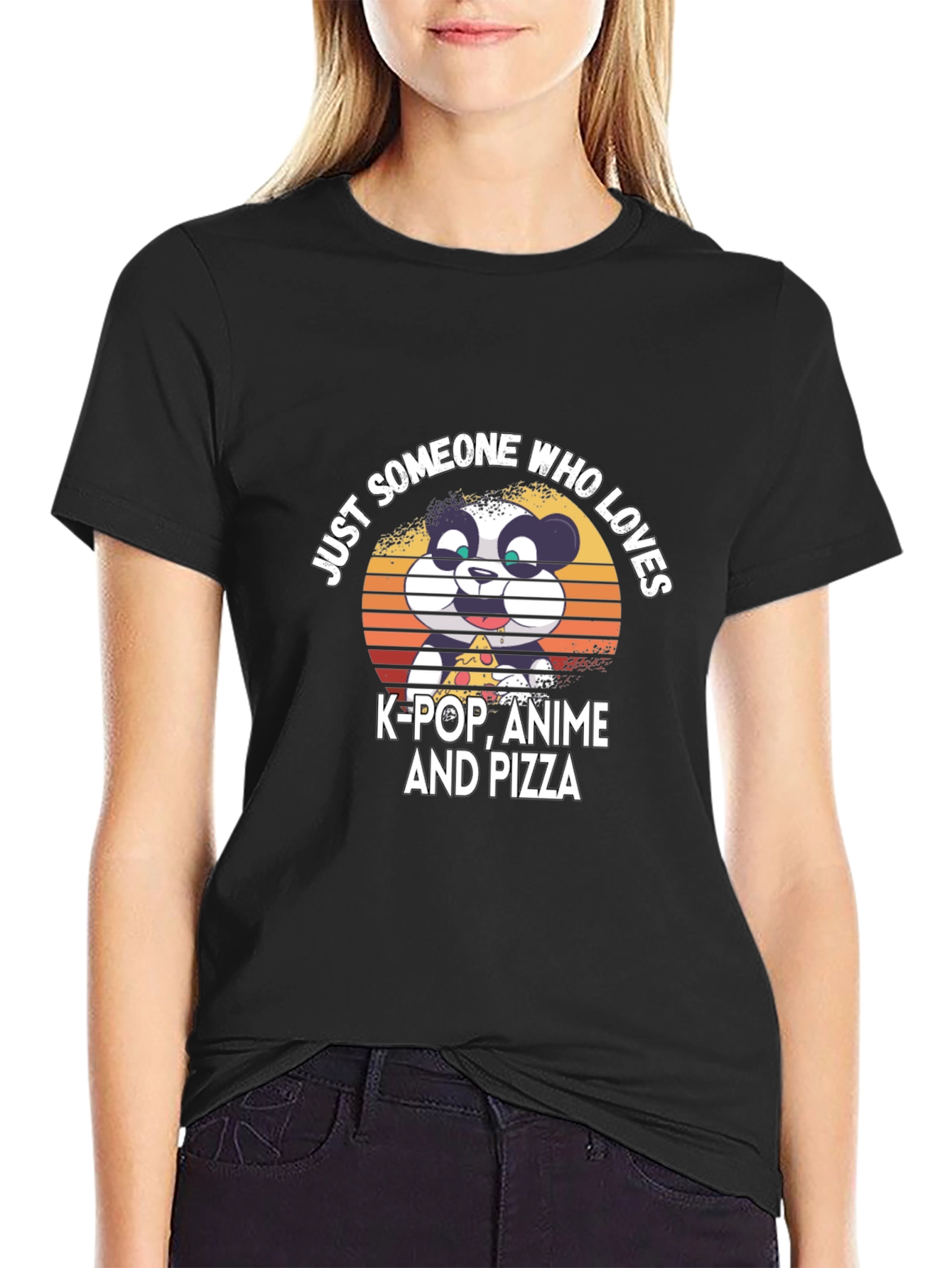 Black K-Pop Anime Pizza Panda Graphic T-Shirt view 2