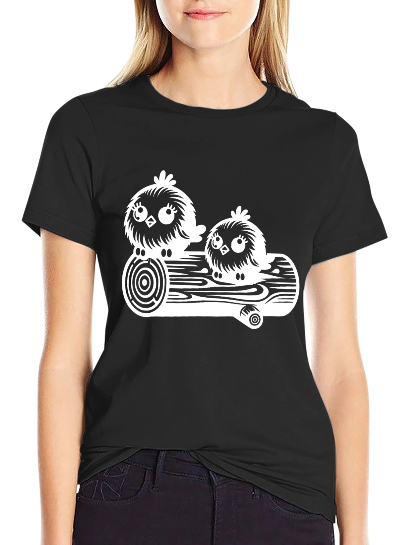 Black Cute Bird on a Log Graphic T-Shirt view 2